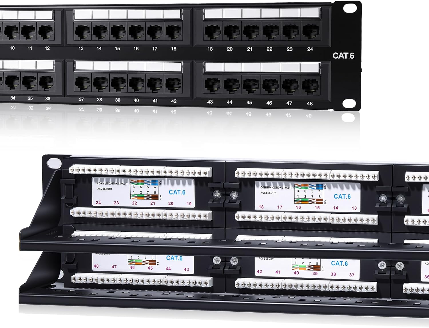 Cat6 48 Port Patch Panel, UTP 2U 19-Inch Rack Mount Network Panel, All-in-One Design with Built-in Cable Management, Gigabit Ready Ethernet Punch Down Panel (110 Type Tool Compatible)