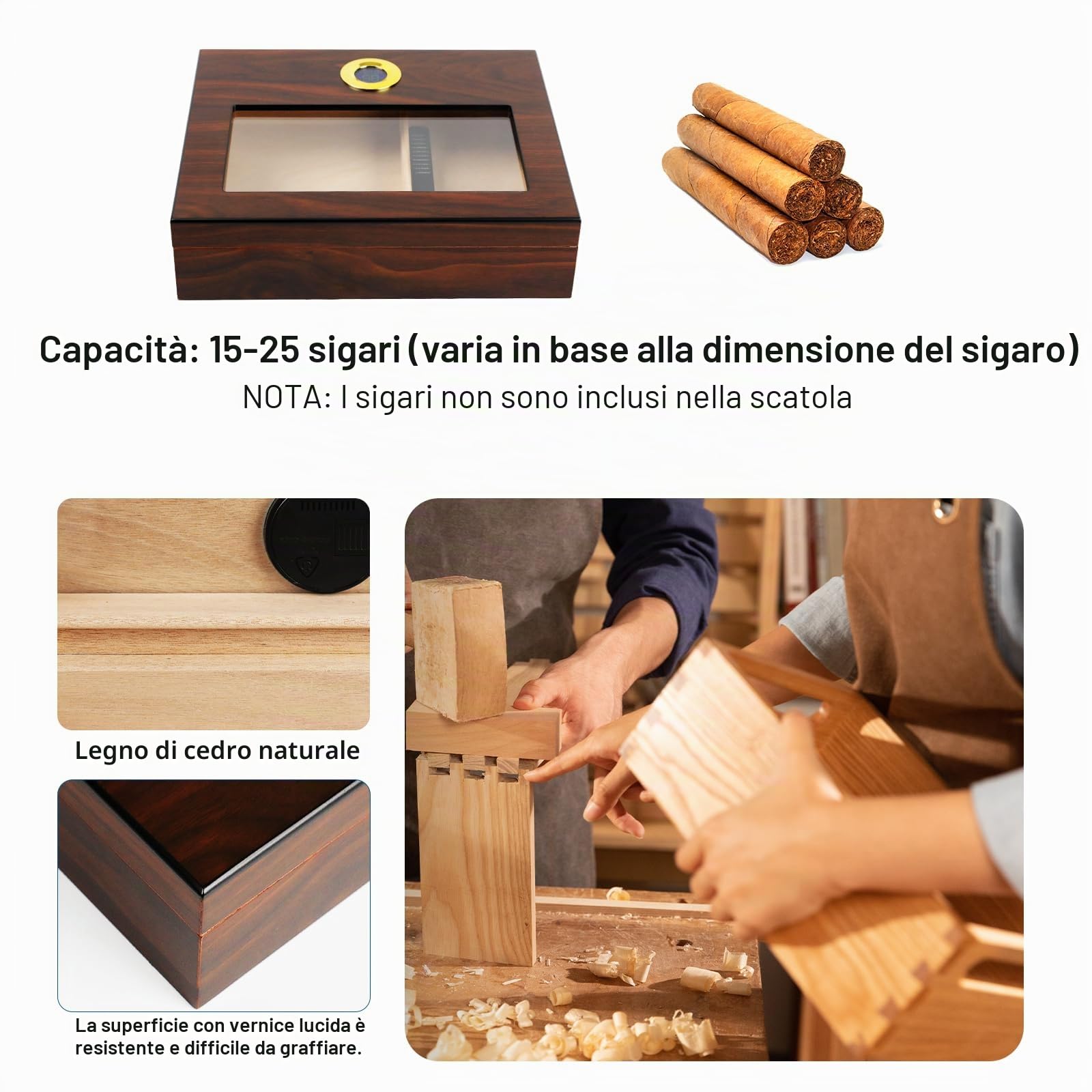 Umidificatore per sigari, Dayear umidificatore da tavolo per sigari, scatola per 15-20 sigari (i sigari non sono inclusi), scatola per sigari in legno artigianale con igrometro e umidificatore