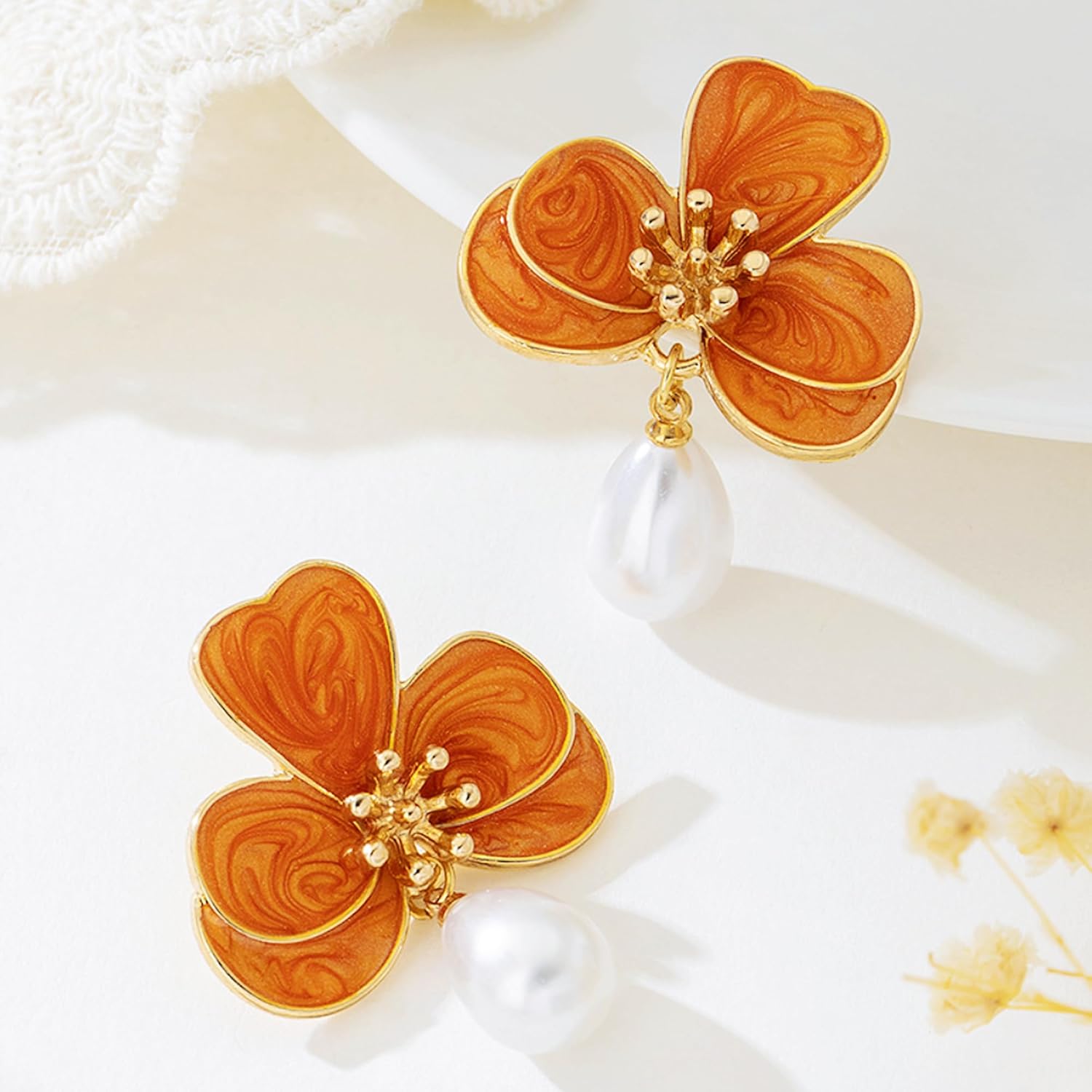 Flower Leaf Dangle Earrings for Women, Trendy Hypoallergenic Gold Plated Handmade Enamel Tropical Sectored Floral Petal Statement Fancy Vacation Colorful Stud Earrings Jewelry Gifts - Image 4