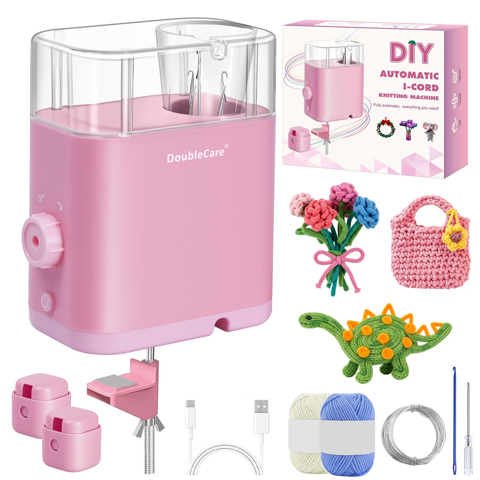DoubleCare Machine à Tricoter Française, Machine à Tricoter Automatique iCord Électrique, Avec 2 Bobines de Fil et 1 Rouleau de Fil de Fer de 2 m, Pour Projets de Bricolage DIY Rapides, Rose