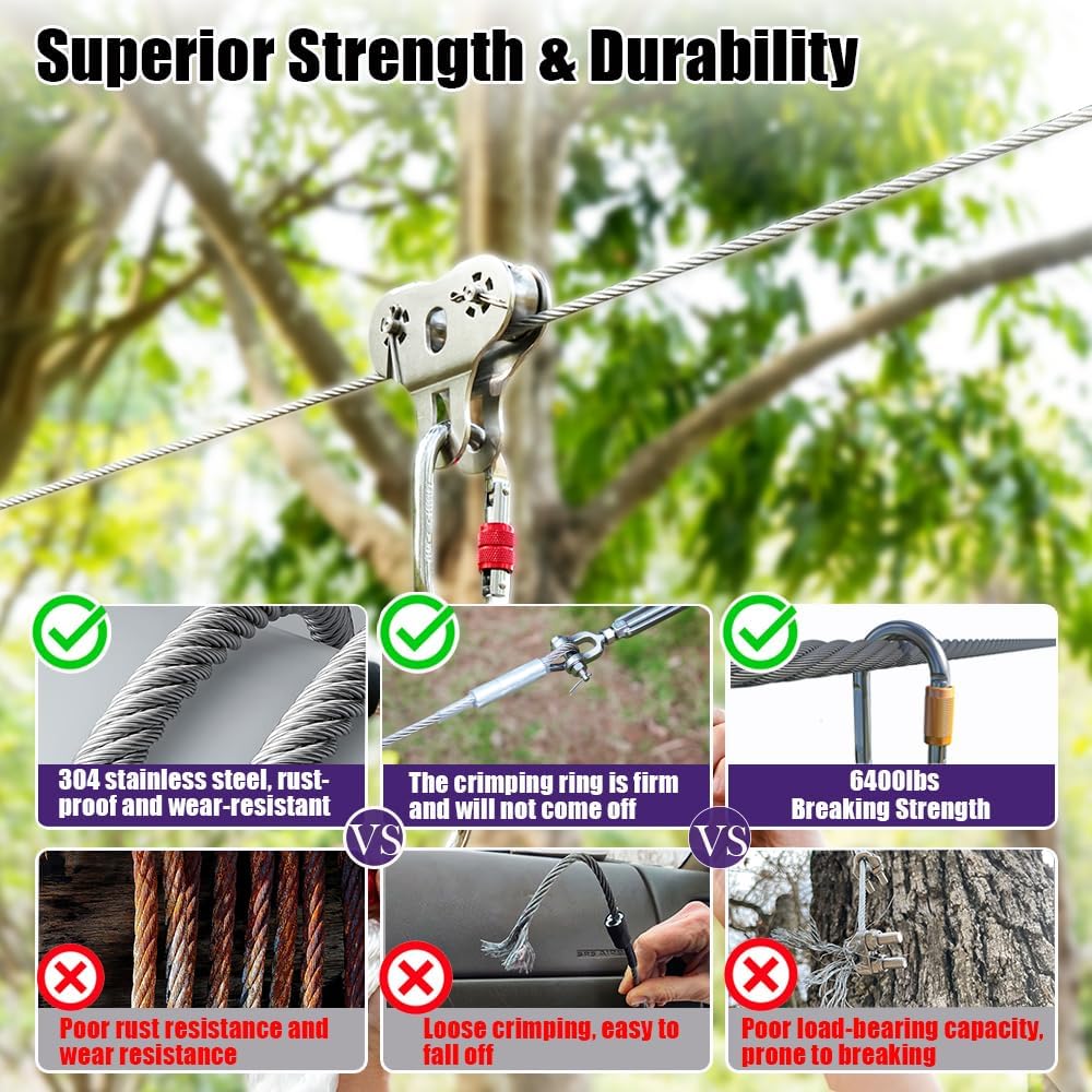 Cable Acero 6mm, 15m Cable de Acero Inoxidable, 7 x 19 Hebras Cable Principal Zipline con 4 Abrazaderas y 4 Dedal, para Teleféricos, Luces para Exteriores