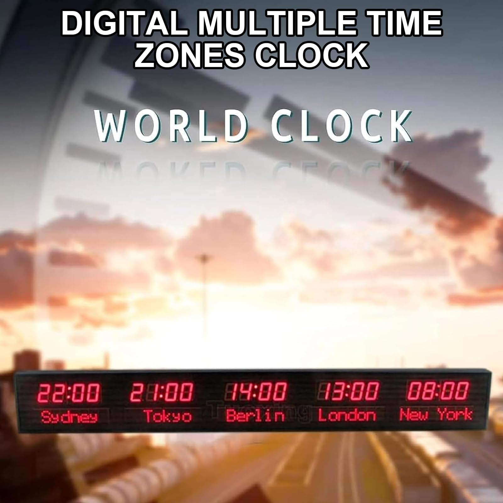 Orologio da parete digitale a 5 città con visualizzazione del fuso orario mondiale, orologio da città a LED con telecomando, possibilità di cambiare la città, luminosità regolabile su tre livelli