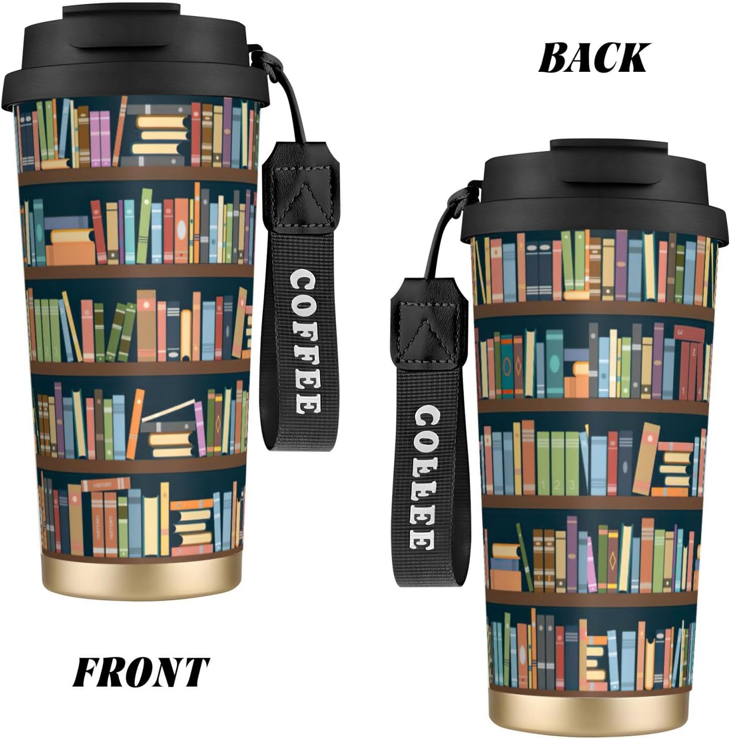 Cartoon Bookshelf Bookworm Print Leakproof Insulated Coffee Mug,Stainless Steel Dual Drink Travel Tumbler,17 OZ