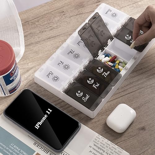 Miniatura 6 de MERICARGO Organizador de píldoras extra grande 2 veces al día botón oculto AM PM pastillero 7 días organizador de medicamentos XL para píldoras