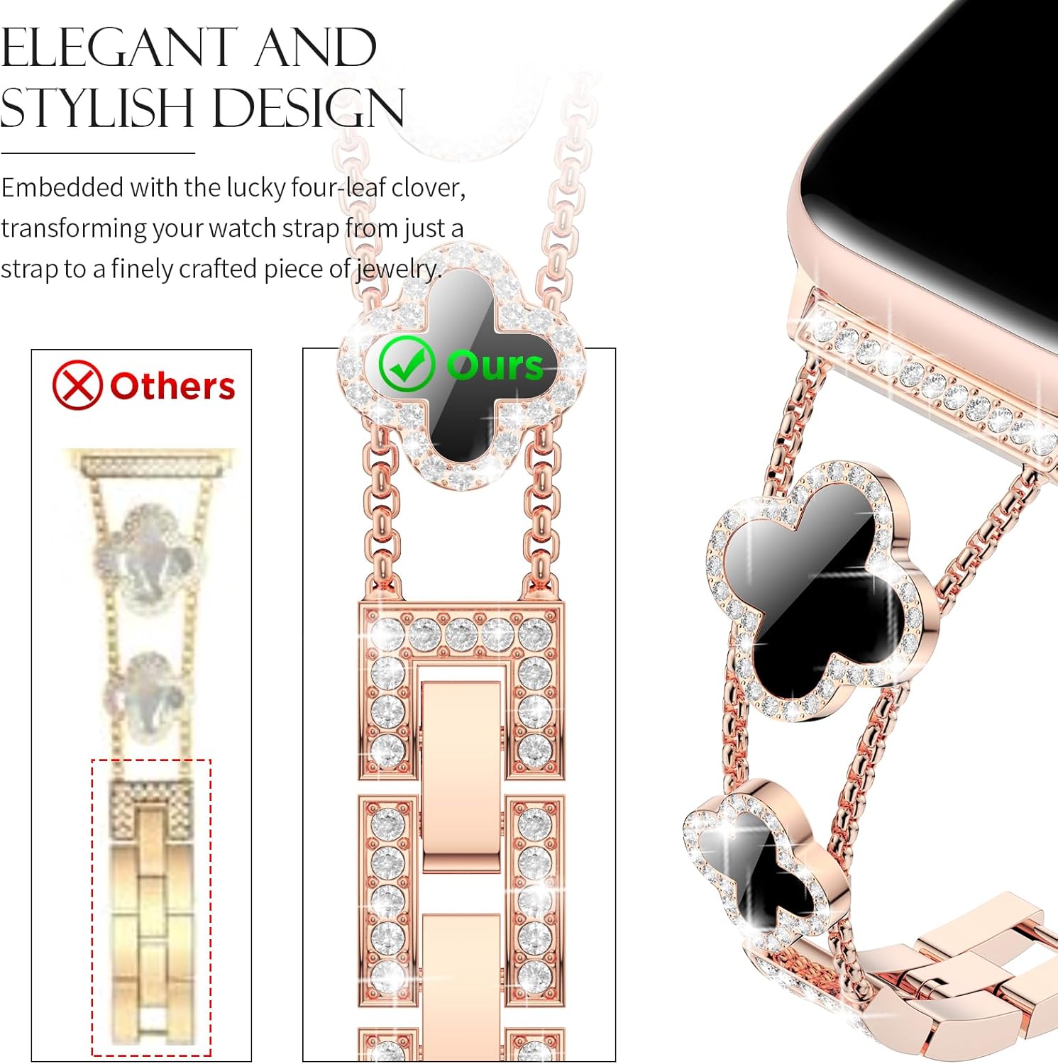 CTYBB Bling Diamond Band Compatible with Apple Watch Bands for Women 40mm 41mm 38mm 42mm Series 11 10 9 8 7 6 5 4 SE 3 2 1, Sparkle Metal Bracelet Wristband, Cute Lucky Clover Dressy iWatch Band,Rose Gold/Black - Image 2