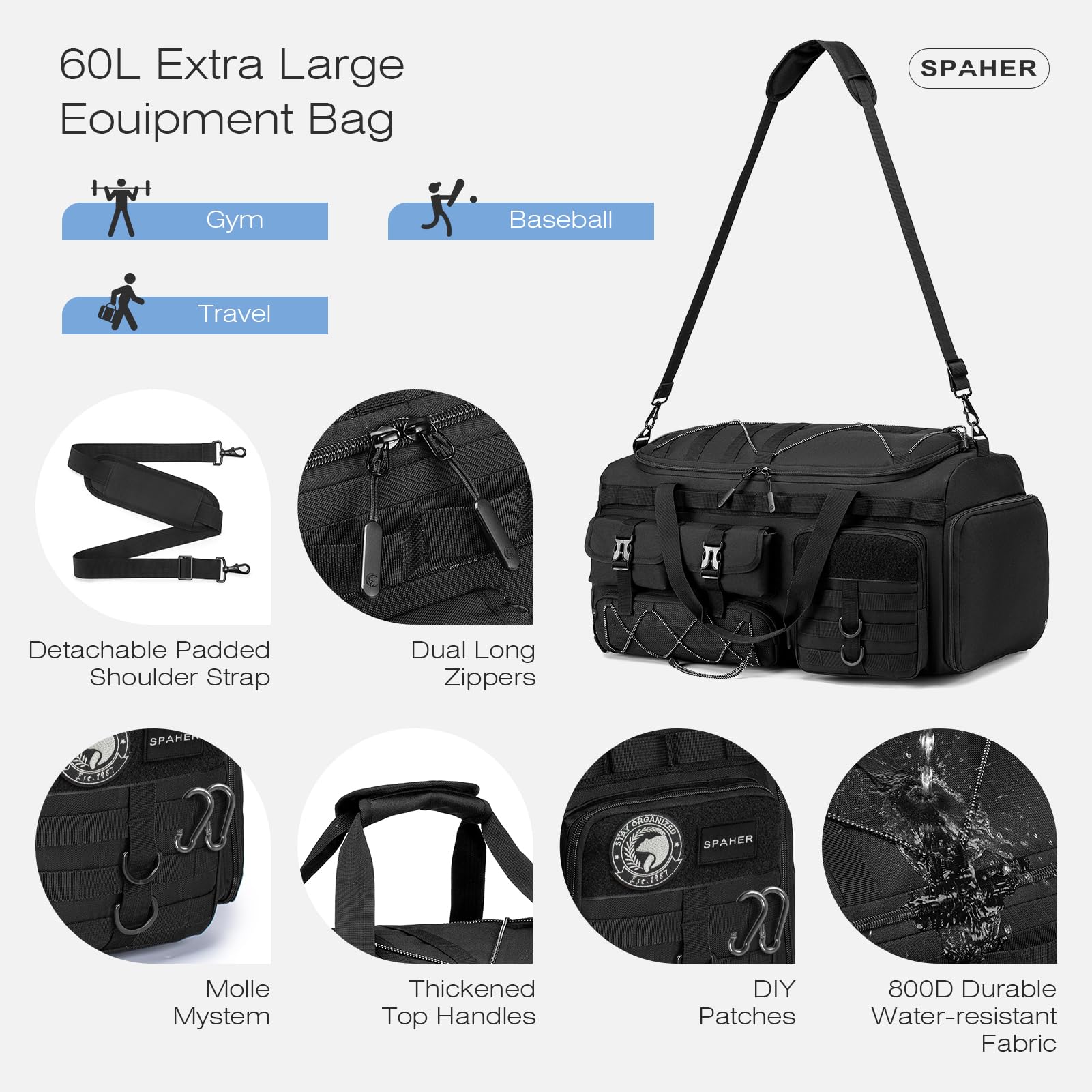 SPAHER 3 en 1 Sac de Sport Voyage Grand 60L Sac à Dos Tactique Homme, Noir | Compartiments Chaussures & Humide, Style Tactique, Bandoulière Rembourrée Amovible, pour Sport, Randonnée, Camping, Natation
