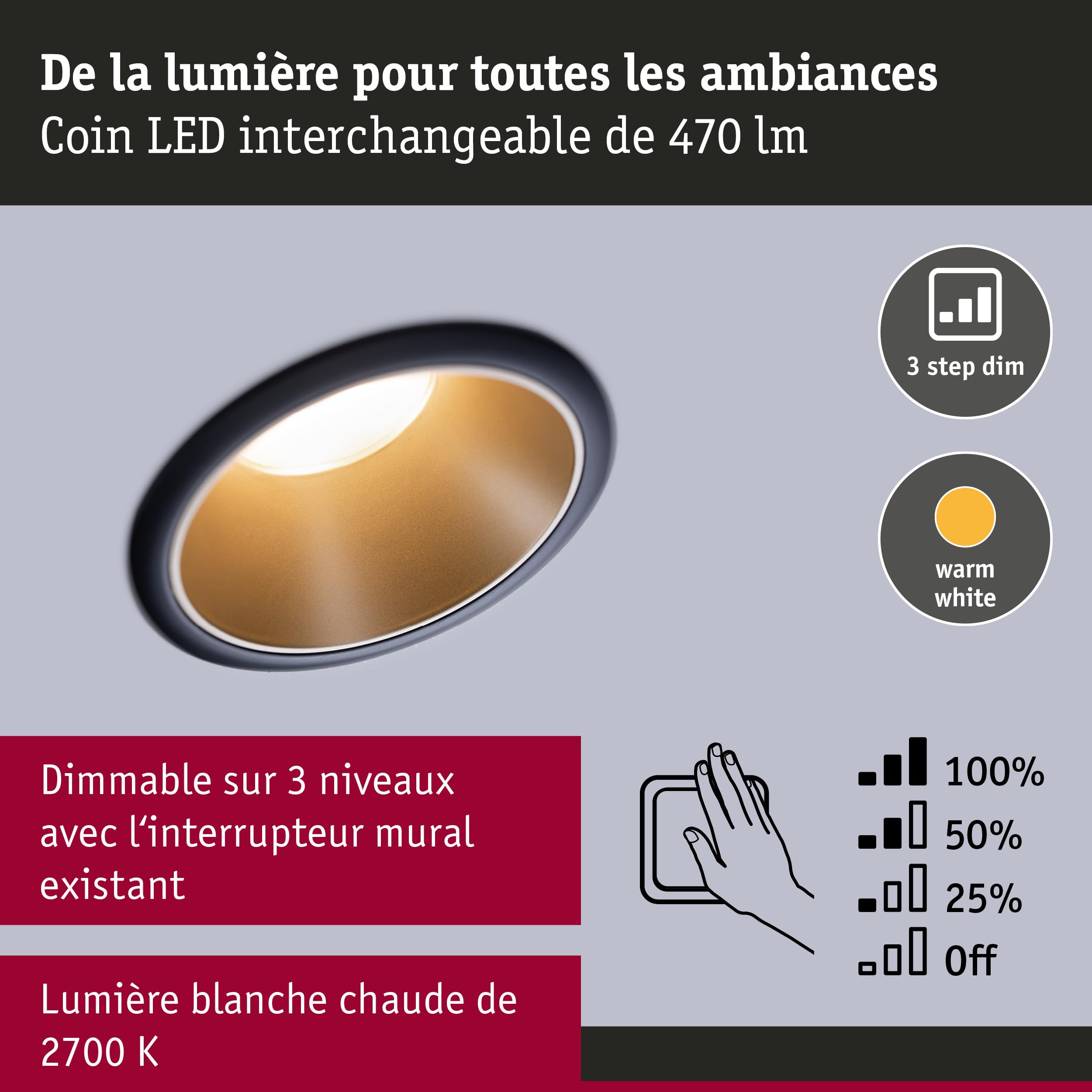 Paulmann 93404 LED Cole rond incl. 3x6 watts gradable projecteurs Noir, Doré mat Lampe encastrée plastique, Alu zinc spot pour plafond 2700 K, Matière, 19.5 W, 3er-Set