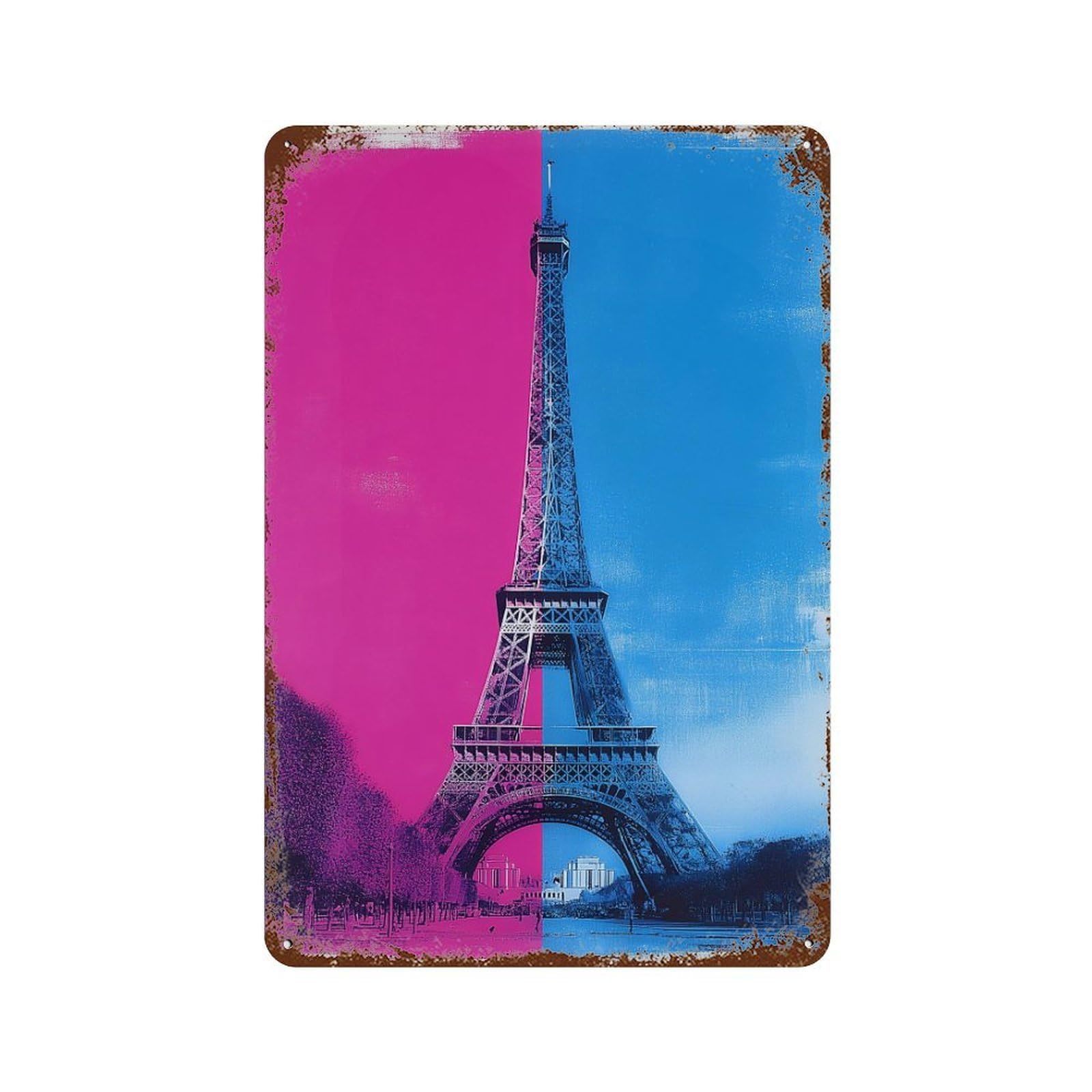 Aged Metal Wall Plaque with Eiffel Tower Paris France Design 11.8"x7.9", for Shed, Workshop And Garage Wall Decor, Decorative Metal Wall Art