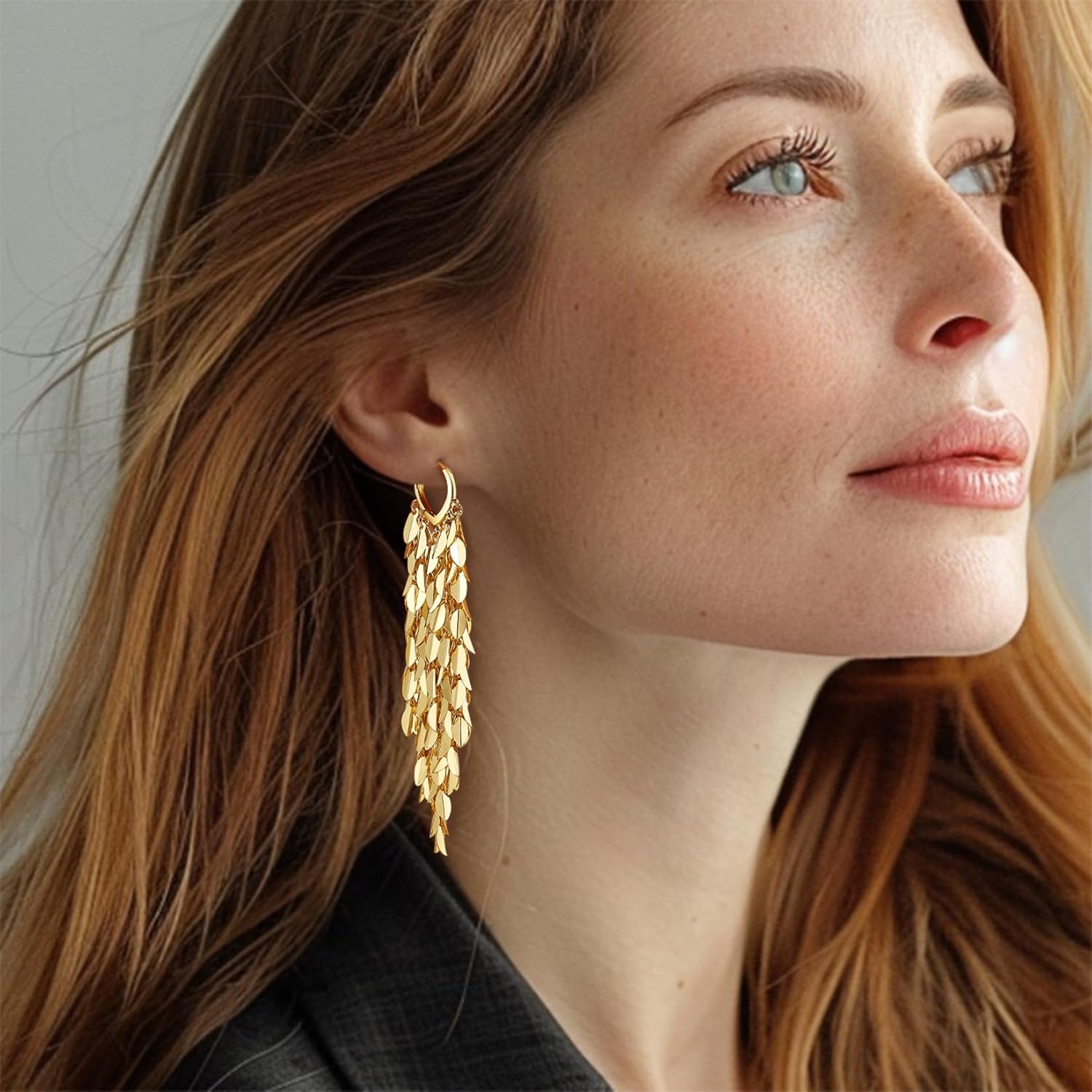 18K Gold Plated Leaf Hoop Earrings for Women, Long Tassel Dangle Drop Earrings, Chunky Gold Chandelier Earrings - Image 2