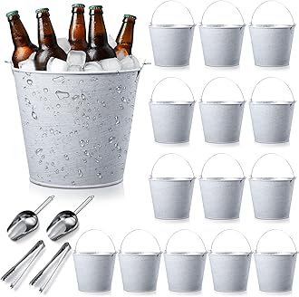 Zopeal 24 Pcs Galvanized Beer Buckets with Handle Metal Ice Buckets with Shovels and Tongs for Beer Drinking Summer Pool Party Wedding Table Centerpiece Crafts(Vintage White)