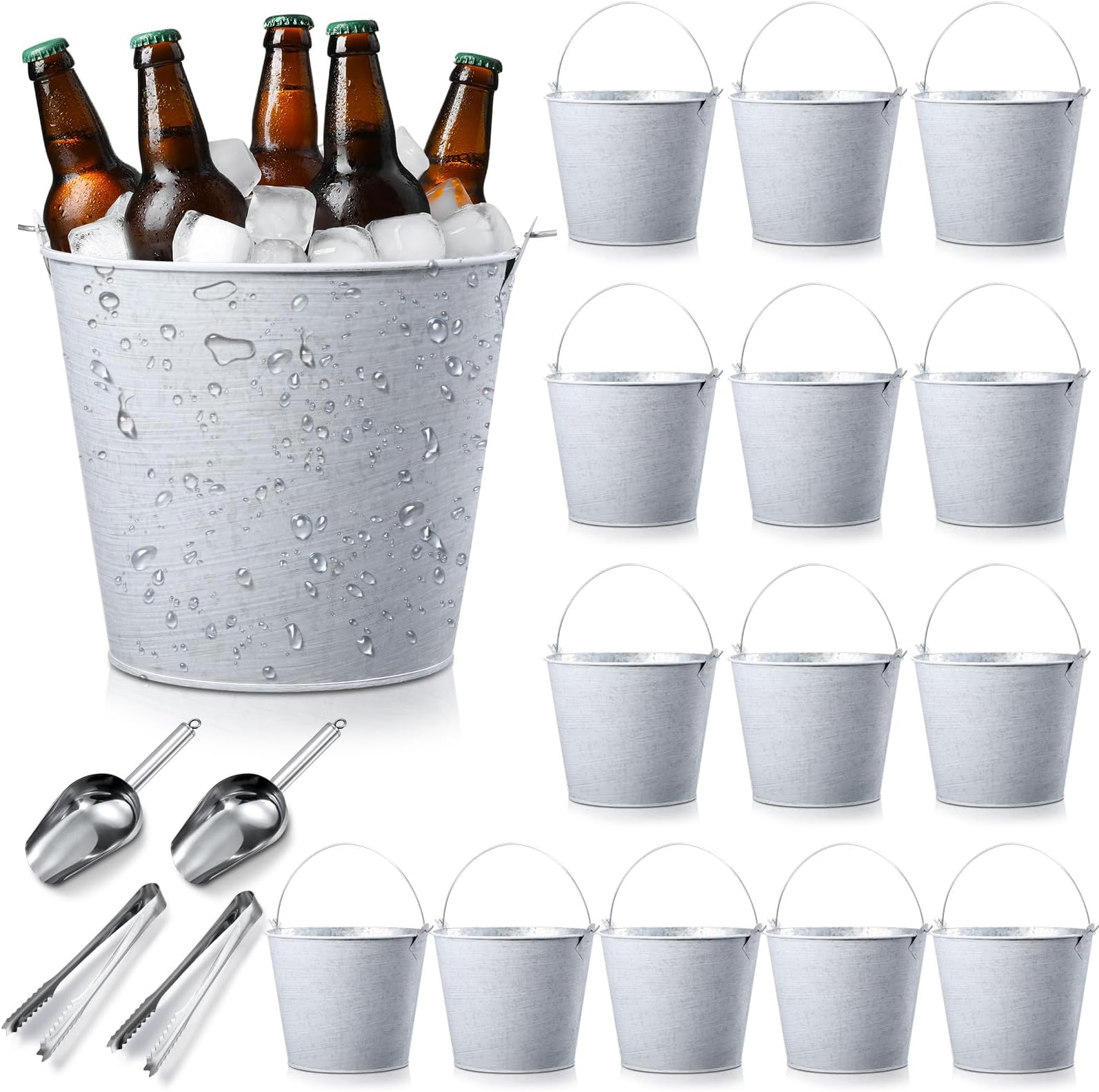 Zopeal 24 Pcs Galvanized Beer Buckets Set, 16 Metal Pails with 4 Scoops & 4 Tongs, 7 Inch Rustic Ice Bucket for Parties, Wedding Centerpieces, Planters, Candy Buffet & Event Decor (Vintage White)