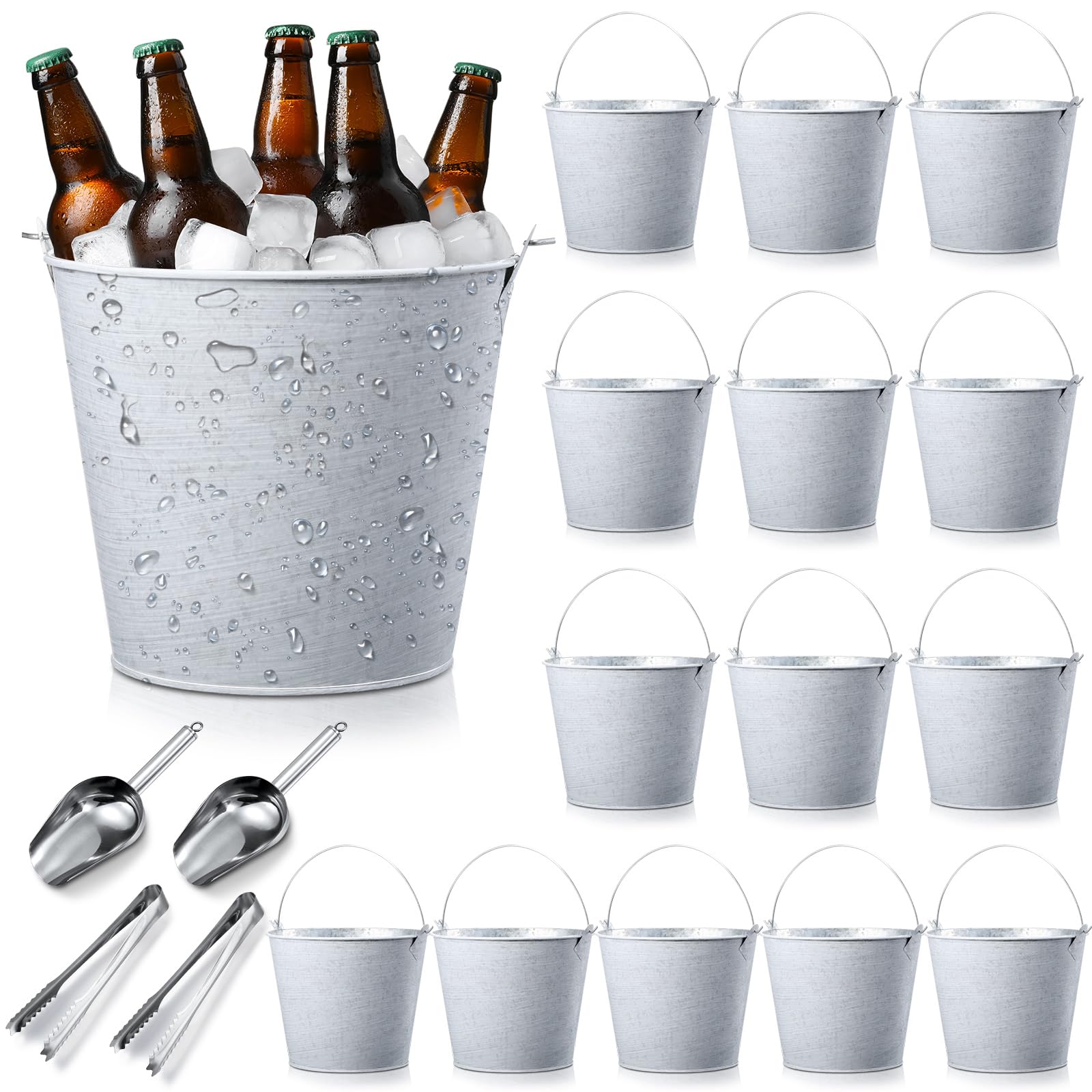 Zopeal 24 Pcs Galvanized Beer Buckets with Handle Metal Ice Buckets with Shovels and Tongs for Beer Drinking Summer Pool Party Wedding Table Centerpiece Crafts(Vintage White)