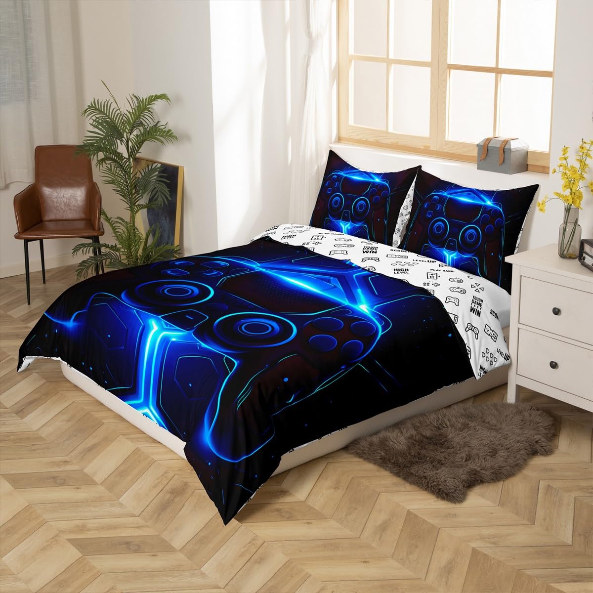 Homemissing Set di biancheria da letto per bambini e adolescenti, per letto king size, copripiumino geometrico blu, motivo videogiochi, senza