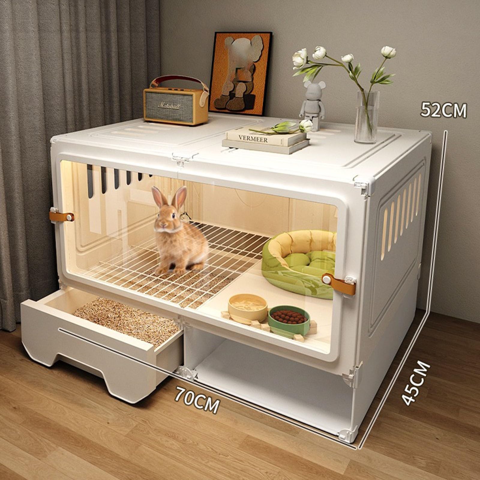 Kaninchenkäfig, Meerschweinchenkäfig, mit transparenter Schiebetür, belüftetem Netzboden und herausziehbarer Schale, Haustiergehege für Kaninchen, Meerschweinchen, Katzen (Weiß, 70 x 45 x 52 cm)