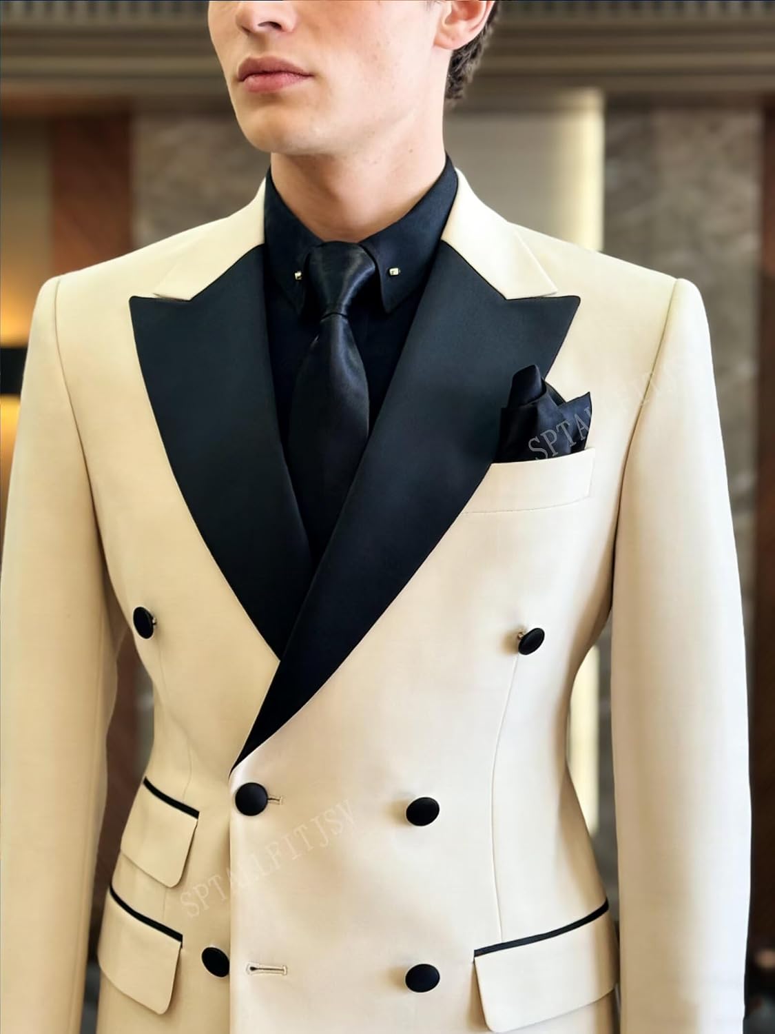 Double Breasted Suit Men Slim Fit Men's Tuxedo 2 Piece Wedding Party Suits Satin Lapel Blazer Pants Set