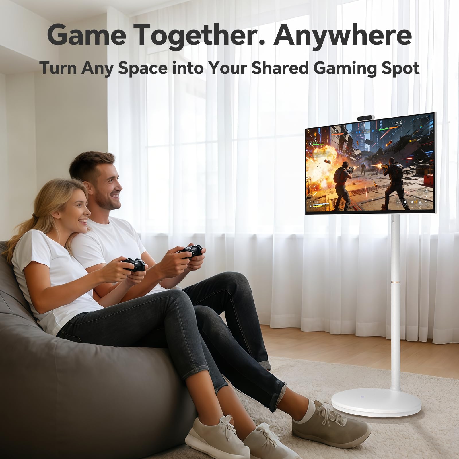 27 Inch Portable TV FHD 1080P Smart Touchscreen Monitor, Android Rolling TV with Detachable Magnetic Camera, 20W Speakers, Rechargeable Battery, Full Swivel Rotation, Built-in Voice Remote