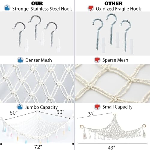 Miniatura 6 de Red de animales de peluche o hamaca con luz, hamaca de red colgante de macramé para almacenamiento de juguetes de peluche, decoración bohemia para