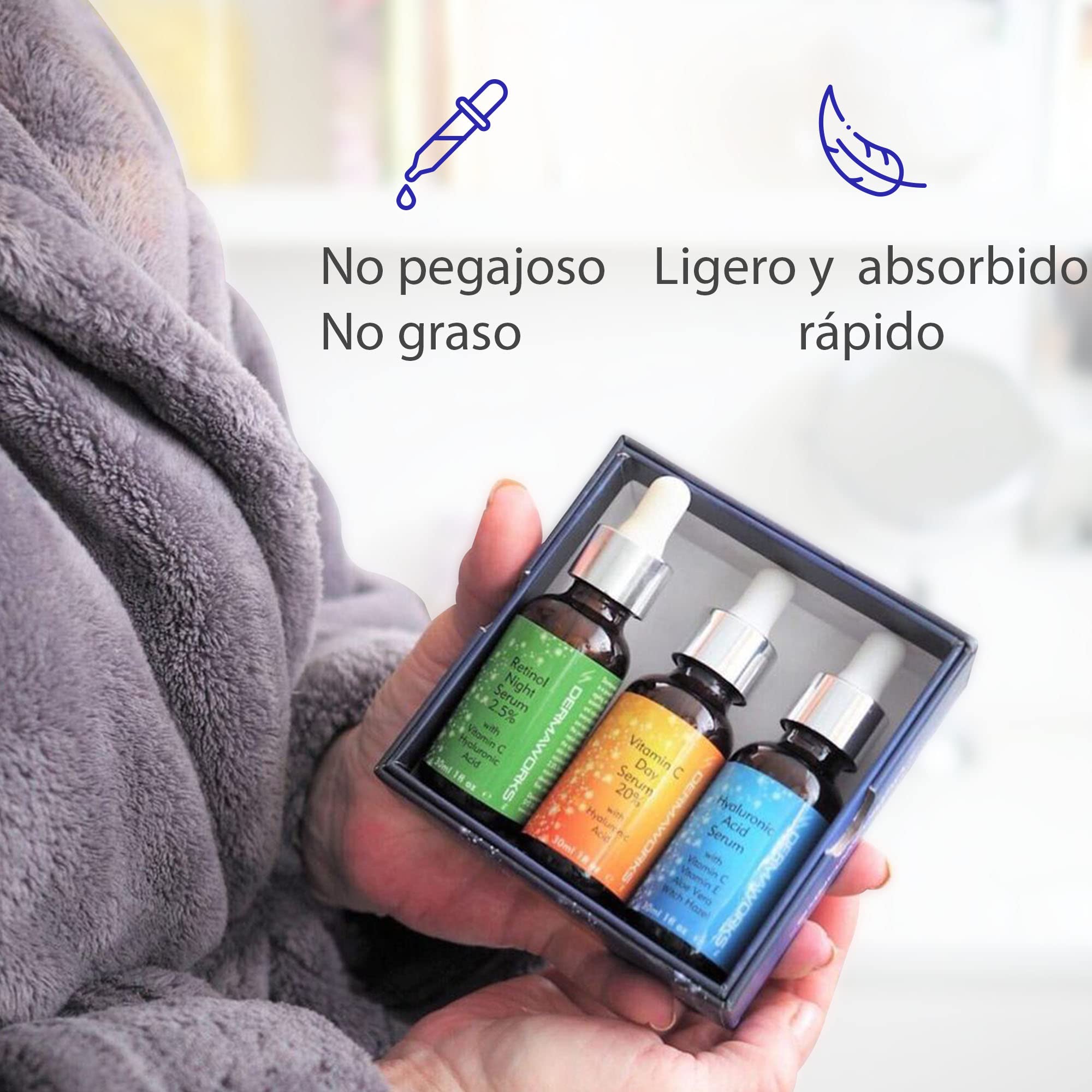 KIT CUIDADO FACIAL MUJER y HOMBRE 3 Set Serum Vitamina C con Niacinamida, Serum Retinol con Vitamina E y Acido Hialuronico con Aloe Vera y Hamamelis - Antiedad, Antimanchas y Antiarrugas – DERMAWORKS
