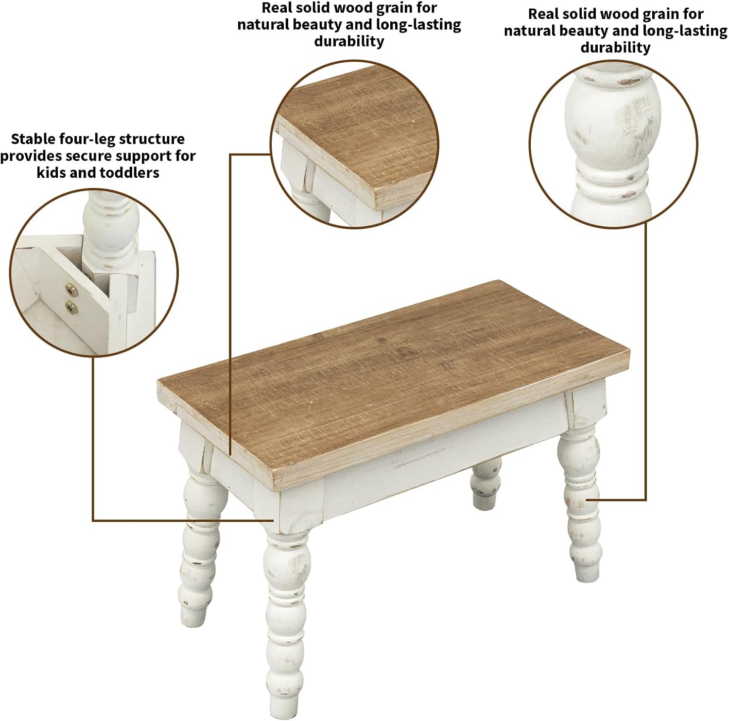 MODE HOME Rectangular Solid Wood Step Stool, Farmhouse Wooden Stool, Easy Assembly Narrow Step Stool for Kids, Indoor Plant Stand for Bathroom Kitchen, French Country Shabby Chic Decor