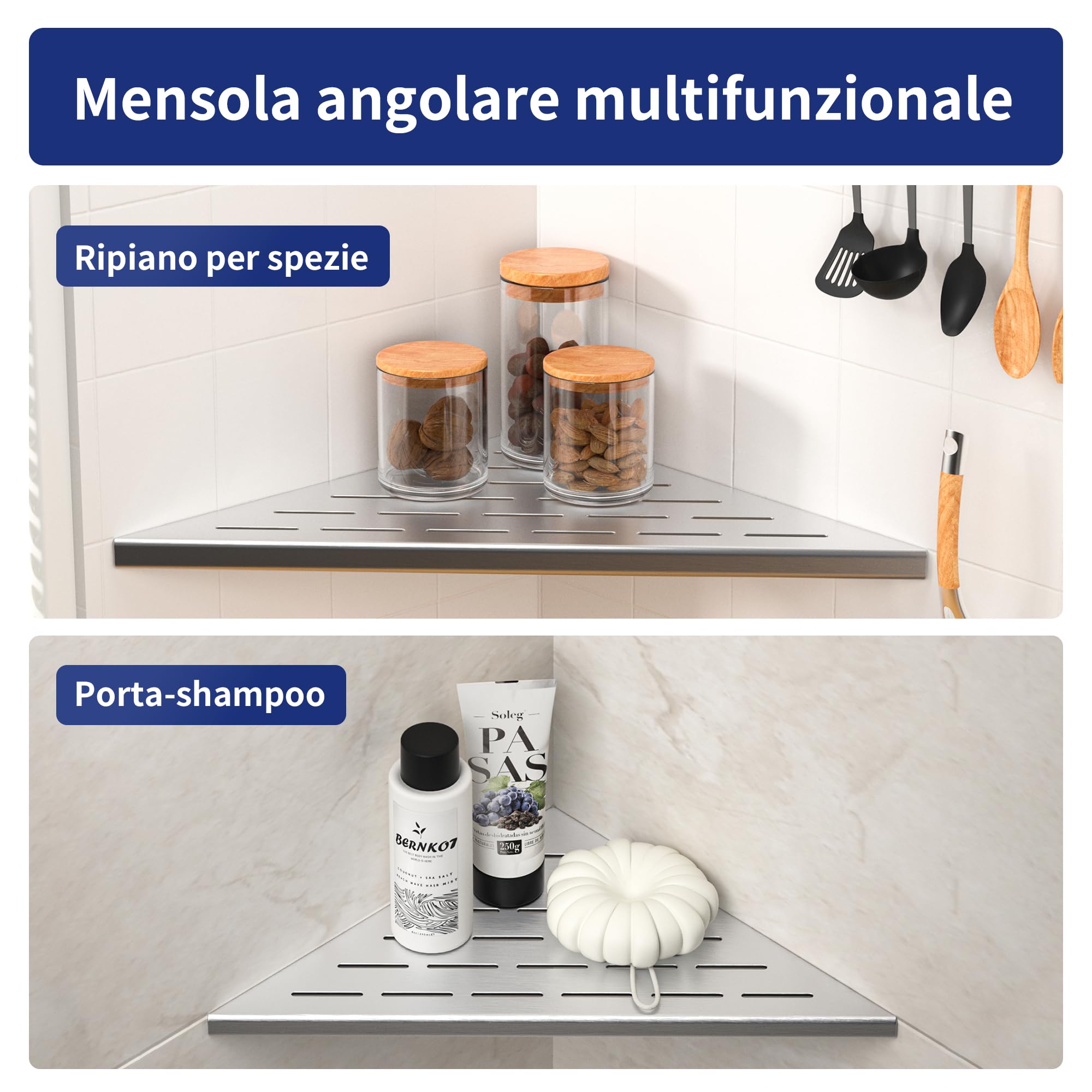 Mensola angolare per doccia in acciaio inox 304, per pareti piastrellate, da incasso, per rinnovamento del bagno (spazzolato, 254 mm, 2 unità)