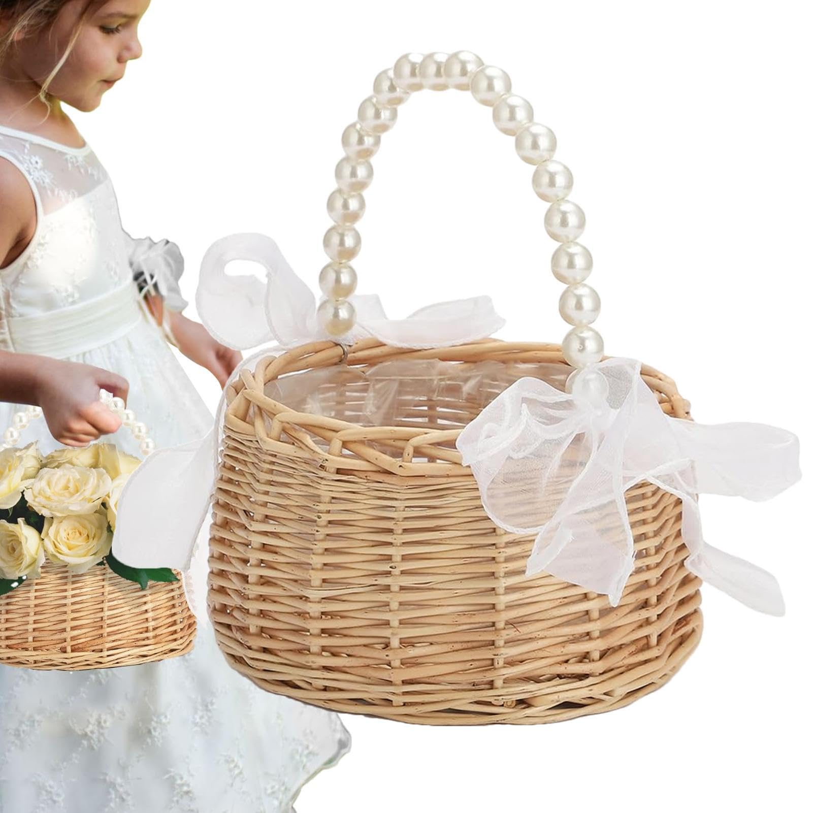 Cesto per fiori intrecciato, con manico di perle, cestino per biglietti di auguri di nozze, per damigelle d'onore, decoratori, biglietti di auguri, snack, casa, soggiorno, addio al nubilato, caminetto