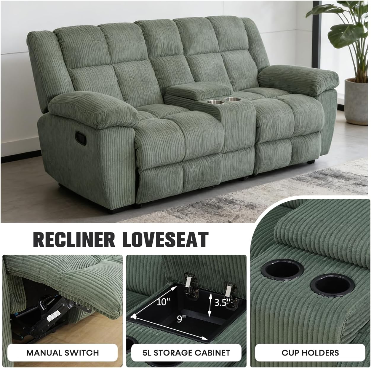 Manual Recliner Sofa Set,Corduroy Reclining Living Room Furniture Set,Convertible Lounge Sofa,Reclining Loveseat with Storage Consoloe,Single Recliner for House/Office(Green Corduroy,3+2+1)