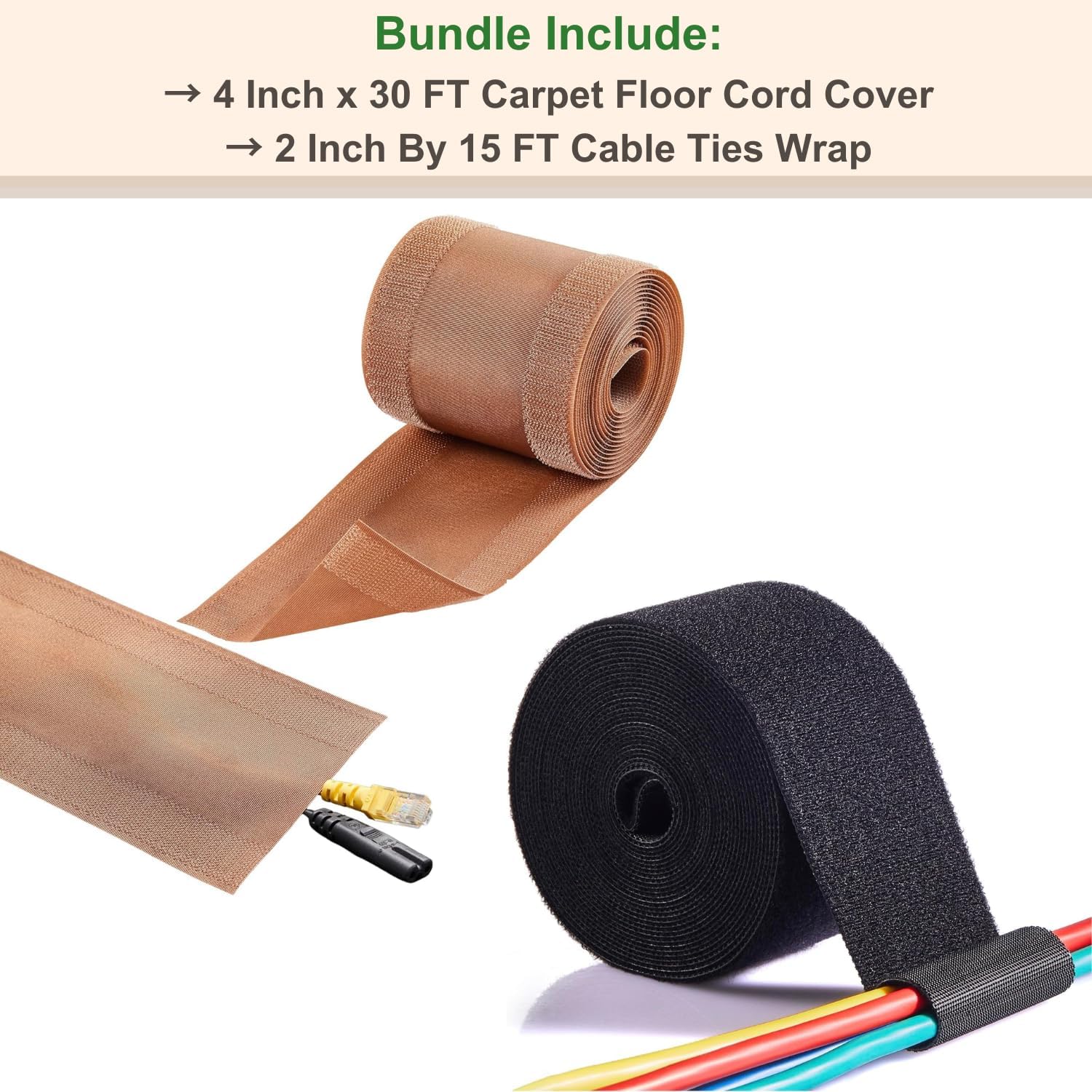 ECOHomes Bundle - 4 Inch x 30 FT Carpet Cord Cover + 2 Inch By 15 FT Cable Ties Wrap