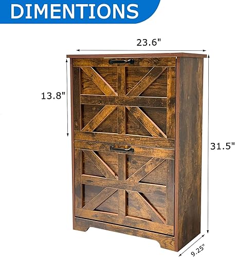 Miniatura 2 de Gabinete de zapatos marrón de granja, almacenamiento estrecho de 2 niveles con cajones abatibles, zapatero oculto para pasillo