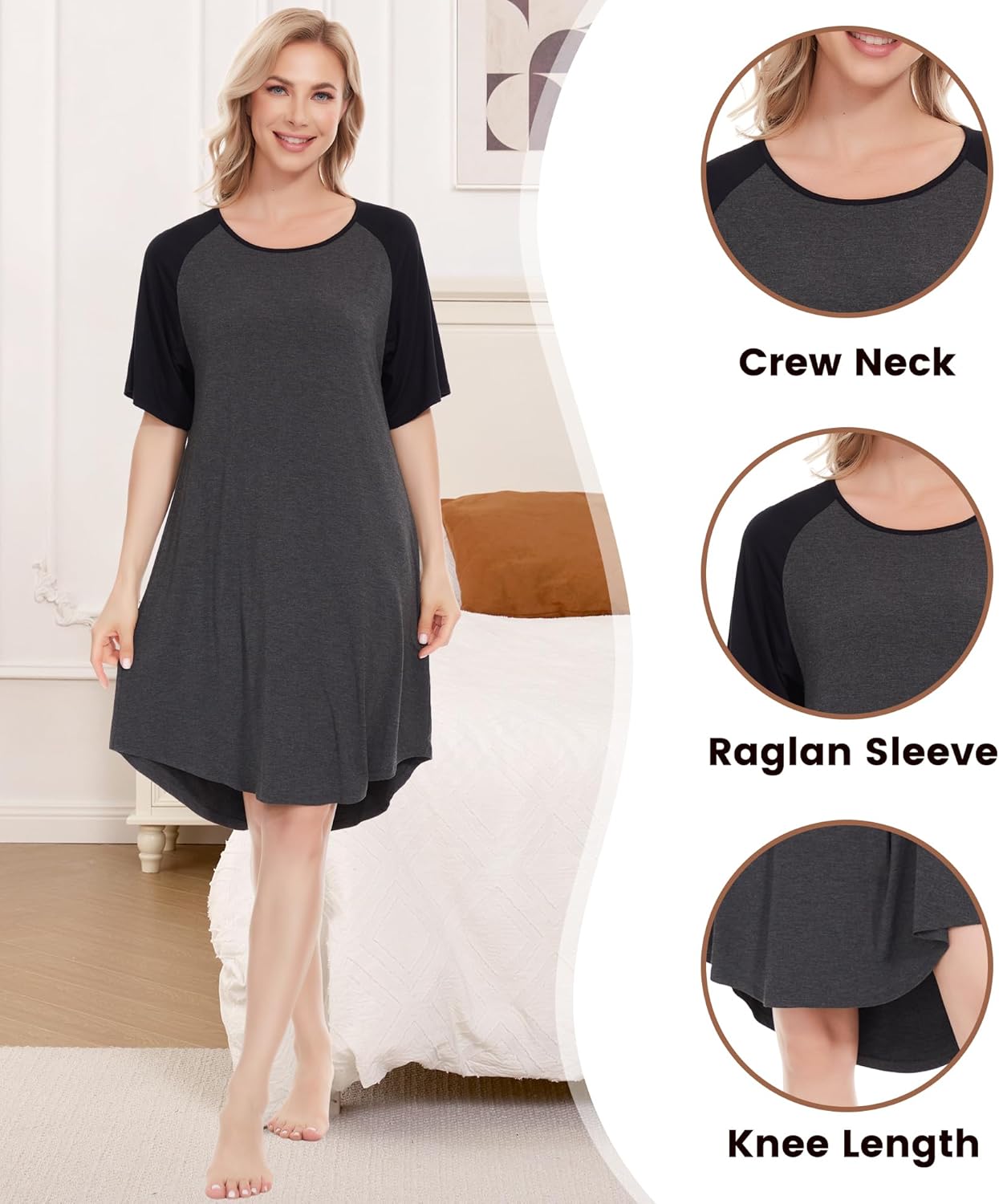 NACHILA Women's Nightgowns-Viscose Made from Bamboo,Short Sleeve Nightshirt Henley Sleepdress Soft Sleepshirt Cool Sleepwear - Image 4