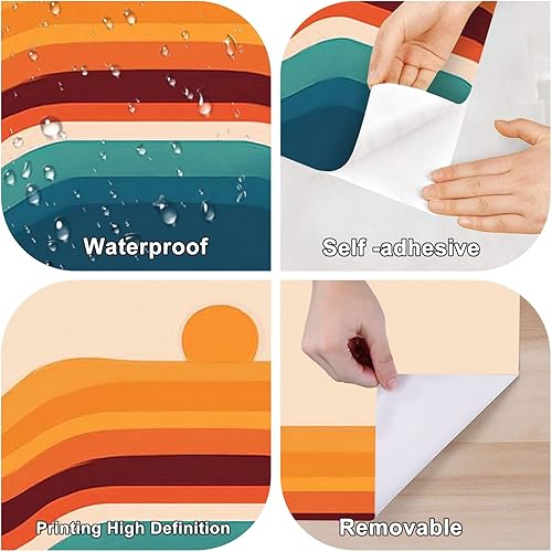 Miniatura 5 de Mural de pared retro de los años 70, puesta de sol abstracto, arco iris, onda, groovy, autoadhesivo, adhesivo para despegar y pegar, calcomanía de