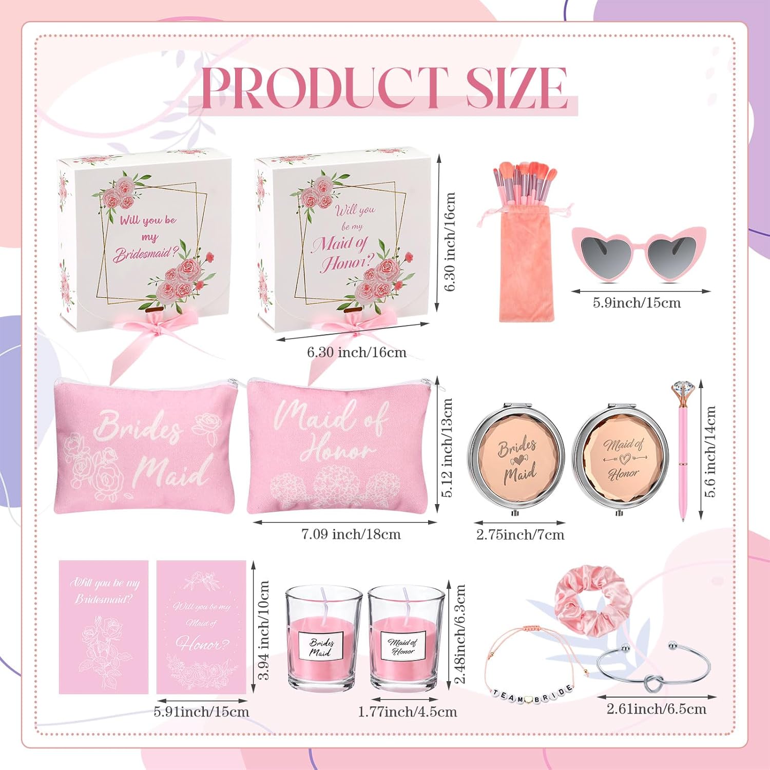 Nuogo 88 Pcs 8 Sets Bridesmaid Proposal Gift Wedding Bridesmaid Box Set Maid of Honor Gift Include Box Candle Invited Cards Scrunchies Hair Elastics Ties Knotted Bracelets Diamond Pens(Pink,Fresh) - Image 2
