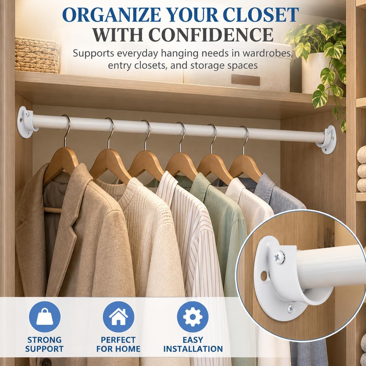 10 Pack Closet Rod Brackets, 1-1/2" Diameter Closet Pole Sockets, Stainless Steel Closet Rod Holders, U Shaped Closet Pole Socket Opening Flange Rod Bracket with Screws, Curtain Rod Holder