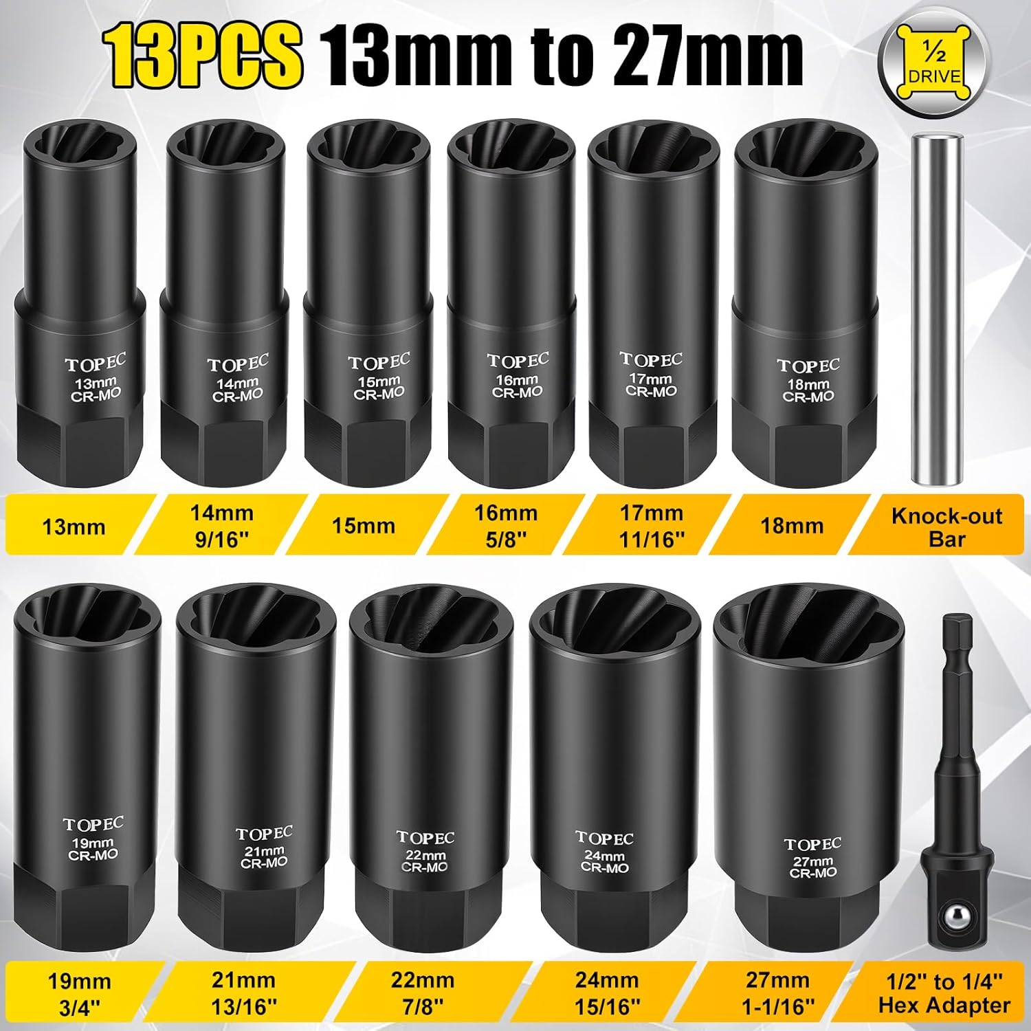 Topec 13PCS Deep Lug Nut Remover, 13-27mm Wheel Lock Removal Tool, 1/2" Drive Bolt Extractor Socket Set, Heavy Duty Lug Nut Removal Tool for Stripped, Rounded, Broken Bolts