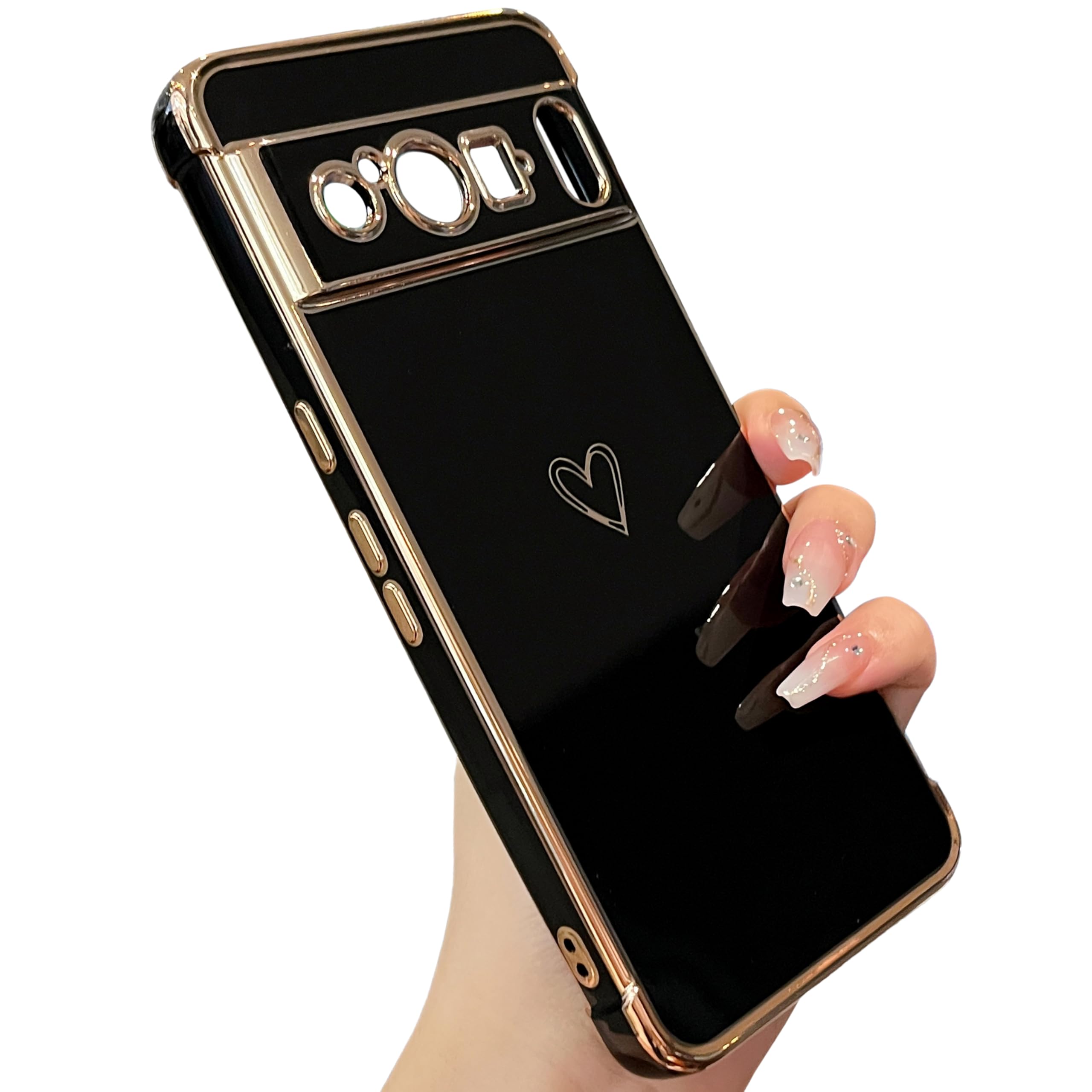 ZTOFERA Hülle Kompatibel mit Google Pixel 8 Pro, Mädchen Weiche Silikon Handyhülle Schutzhülle mit Herz Muster Goldener Rand Stoßfest Bumper Cover, Schwarz