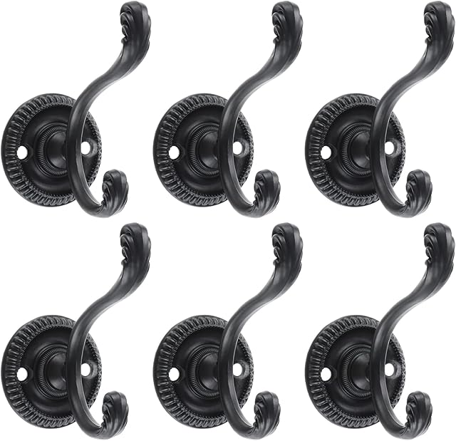 TsunNee 6PCS Vintage Dual Coat Hooks, Heavy Duty Wall Hooks, Clothes Hat Hooks, Master Bedroom Hooks, Decorative Door Hooks with Screws for Bathroom Kitchen Office, Black