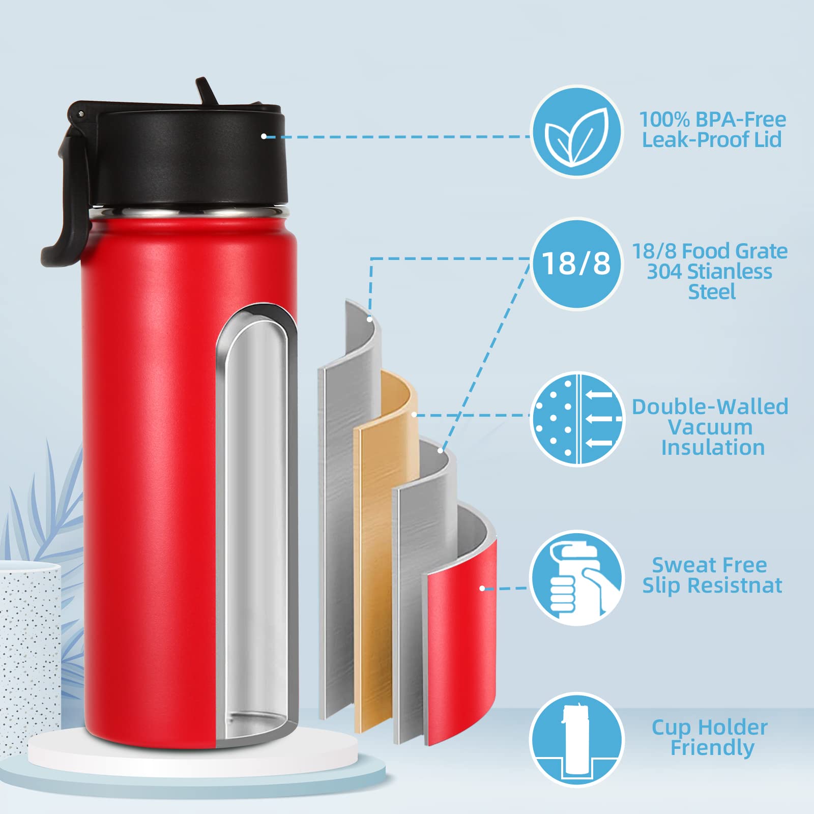 Volhoply 480ml Kids Water Bottle Bulk 2 Pack,Insulated Sports Bottles with Straw Lid,Stainless Steel Bottle with Handle Keep Cold & Hot,Double Wall Vacuum Flask for School,Girls(Red,Set of 2) - Image 4
