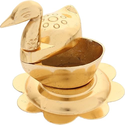 Miniatura 6 de Roli-Chandan de zinc, Chawal-Akshat-Haldi - Caja de Kumkum con pato y pájaro cariñoso, pieza de exhibición Chopda para Pooja (2.6 in, dorado)