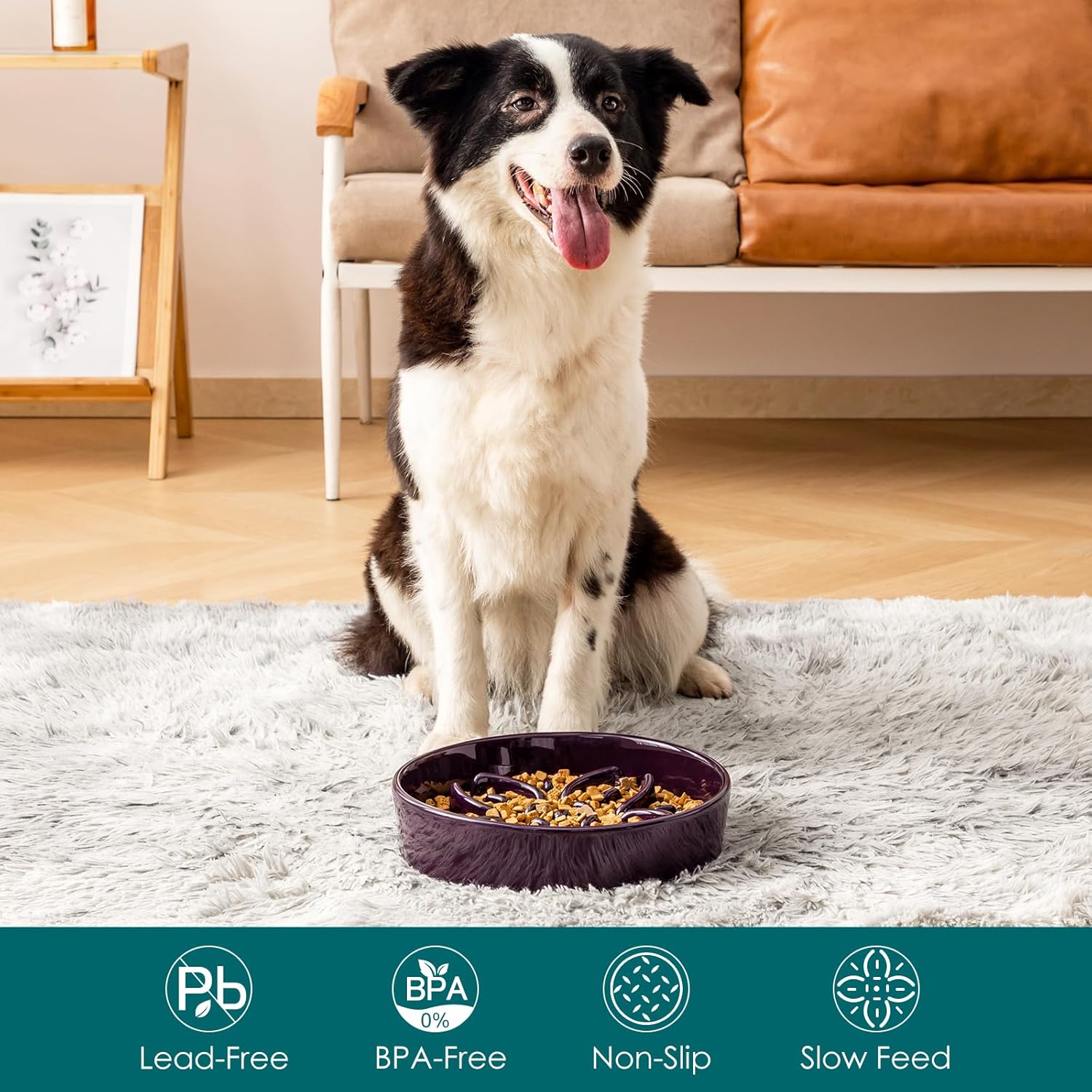 vancasso Ceramic Slow Feeder Dog Bowls, Puzzle Dog Food Bowls with Floral Maze, Anti -Slip Pet Food Dish for Large Breed, 3 Cups, Purple