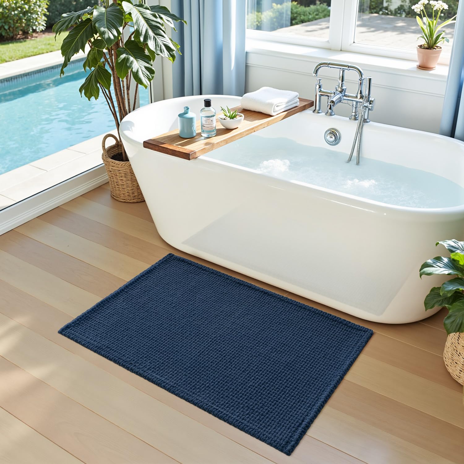 DEXI Tappeto Bagno in Ciniglia 60 x 110 cm, Tappetino Antiscivolo e Assorbenteo, Tappeti Lavabile e Morbido per la Lavandino, Ingresso del Doccia, Blu