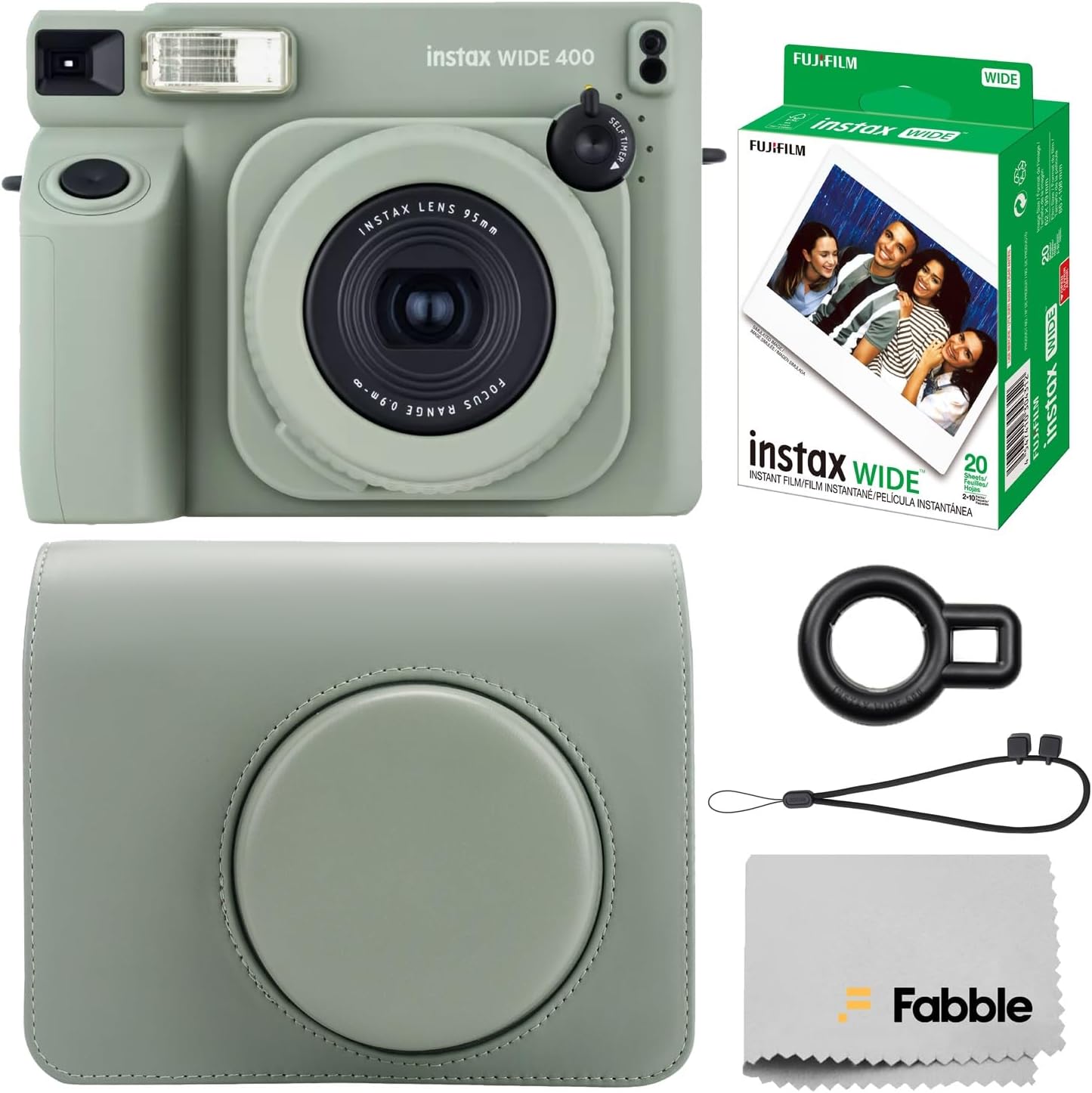 Fujifilm Instax Wide 400 Instant Film Camera (Sage Green) Bundle with Instax Wide Instant Film (20 Sheets), with Accessories Including Leather Camera Case