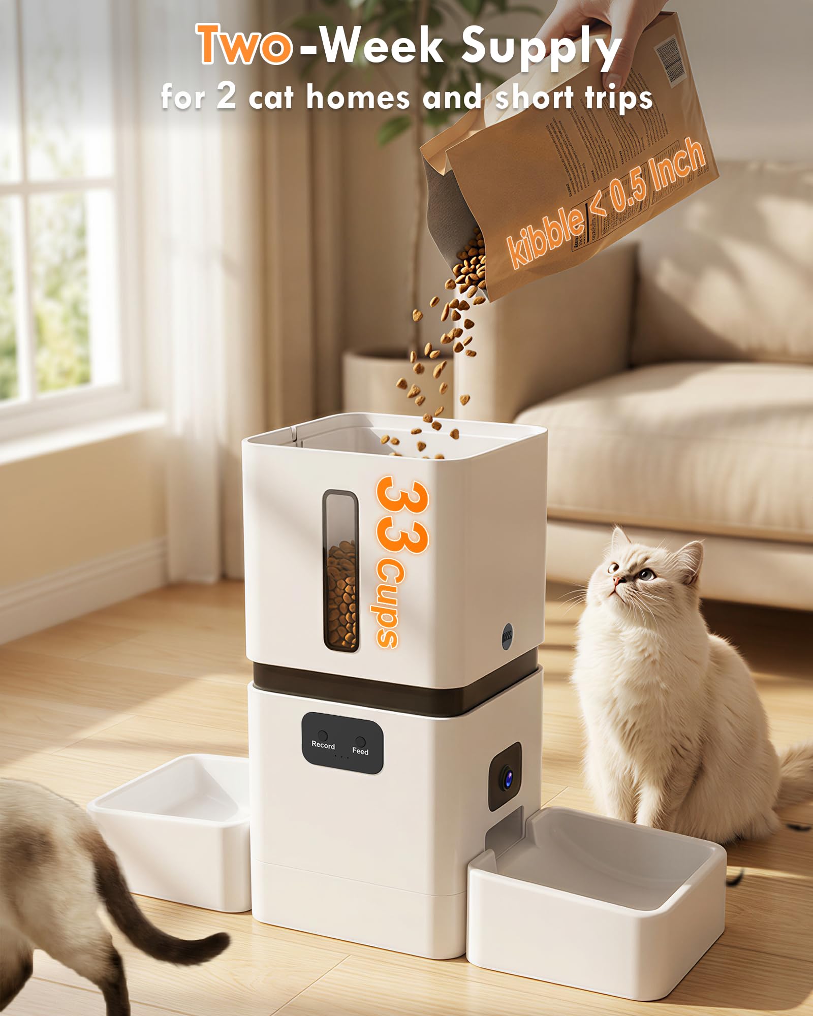 Yakry Automatic Cat Feeder for 2 Cats - Two HD Cameras Easy Setup 5GHz Stable WiFi Dog Food Dispenser with HD Night Vision - 8L Pet Feeder with Dual Bowls for Multi-Cat & Small Dogs Indoor - image 5
