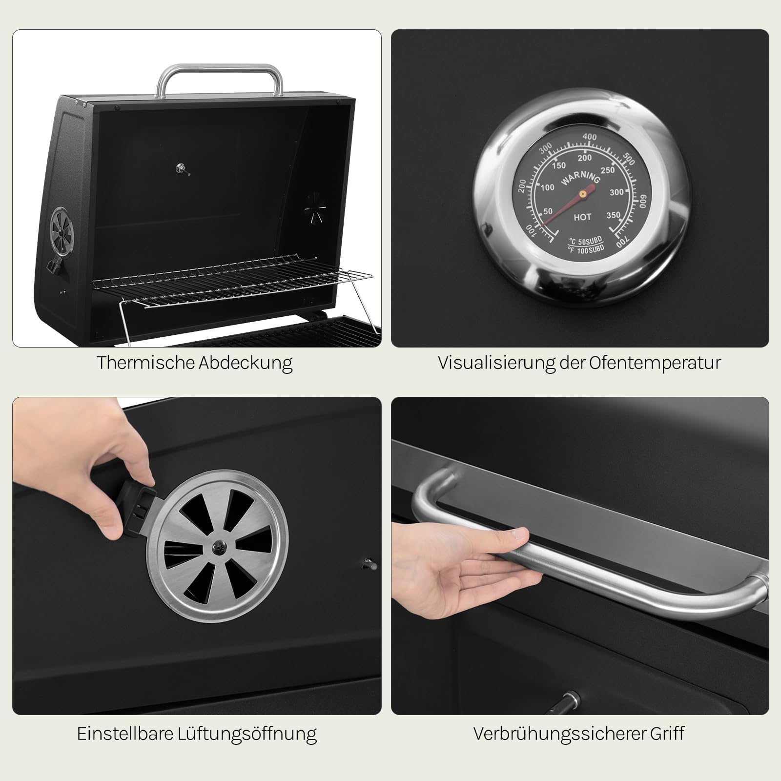 WOLTU Holzkohlegrill mit Deckel, große Grillfläche, variable Kohlewanne, Smoker Grill BBQ mit Grillrost, Thermometer, Grillwagen für Camping, 117 x 107 x 71 cm, Schwarz