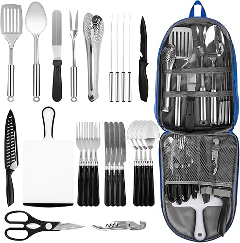 Juego de utensilios de cocina portátil de acero inoxidable para cocinar al aire libre y asar organizador de utensilios de viaje perfecto para viajes