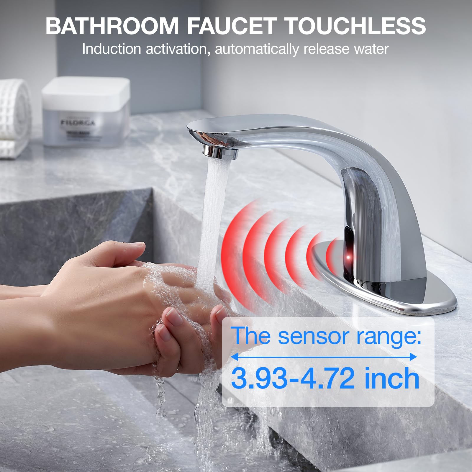 Charmingwater Grifo de lavabo de baño sin contacto, grifo de baño con sensor con tapa de agujero, apagado automático de agua, cromado