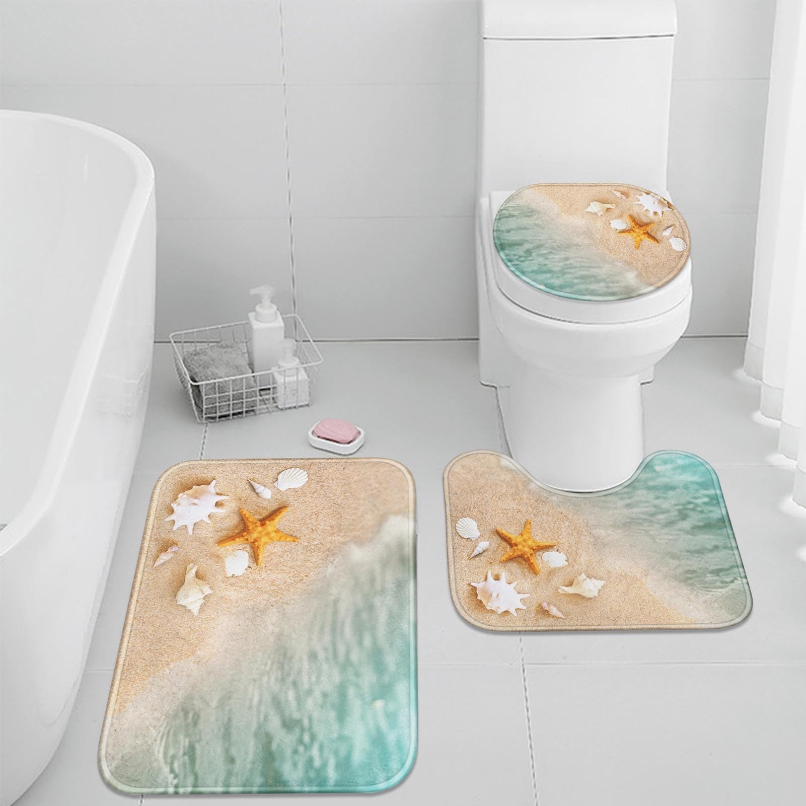 Britimes Beach Seashell Ocean Bathroom Rug Set of 3, 3 Pieces Bath Mats Set, Non-Slip Washable Cover Floor Rug Decorations for Kitchen Bathroom