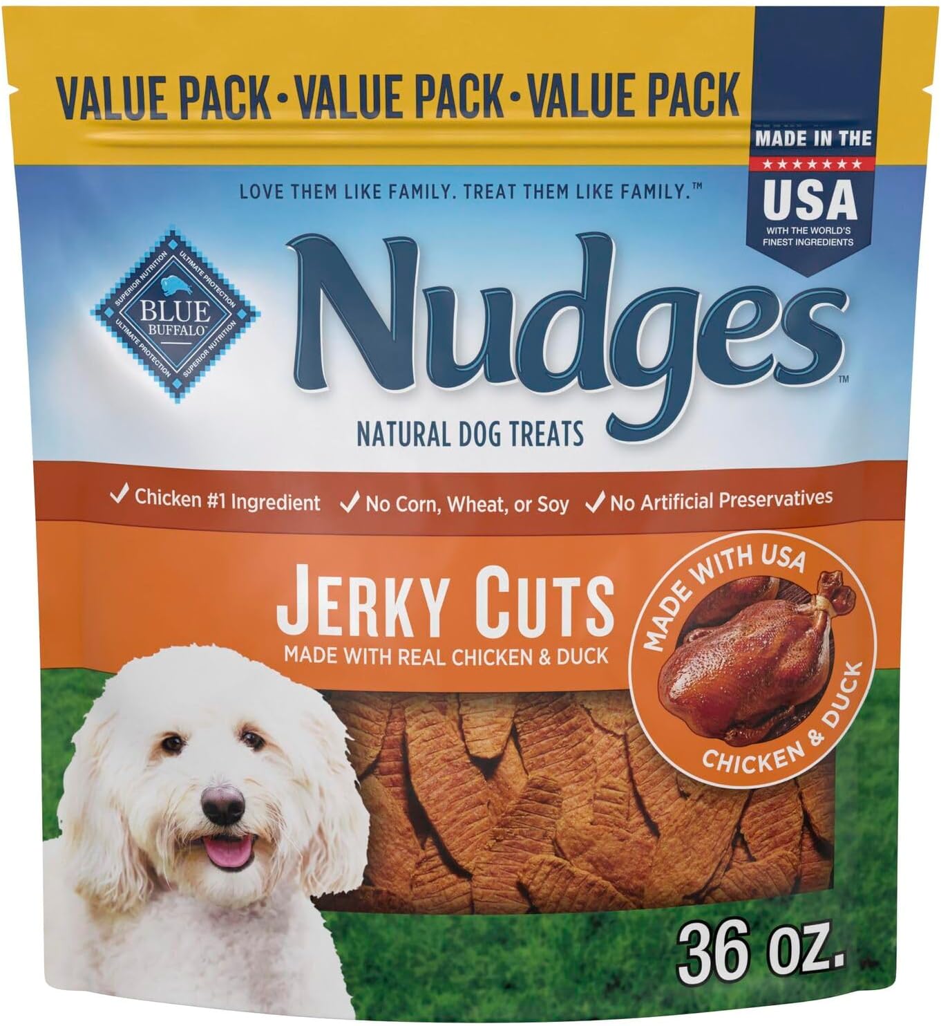 Nudges Jerky Cuts Dog Treats, Made in the USA with Natural Ingredients, Chicken & Duck, 36-oz Bag