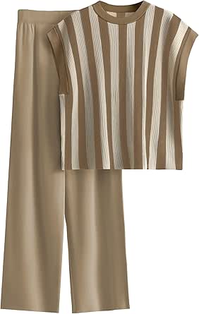 Striped Two Piece Summer Set For Women With Round Neck Top And Wide Leg Camel Pants Handmade main image 0
