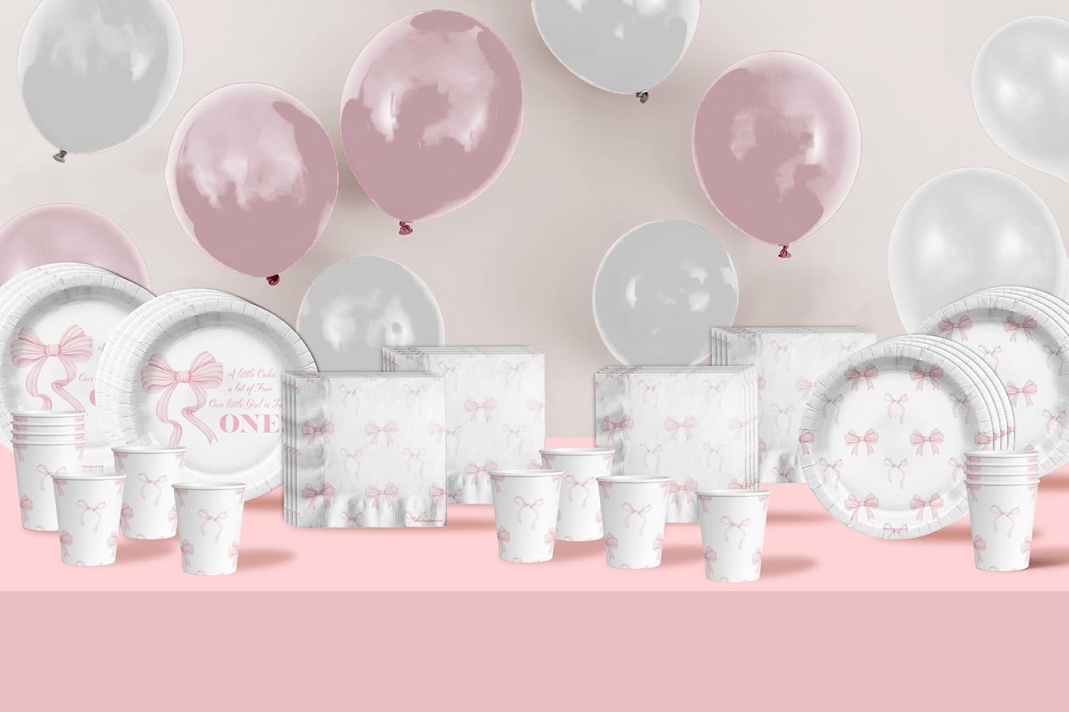Pink Bows 1st Birthday Party Supplies - 64 Piece First Birthday Tableware Set Includes Large 9" Dinner Plates and 8" Dessert Paper Plates Napkins Cups - Kit for 16 - Image 8
