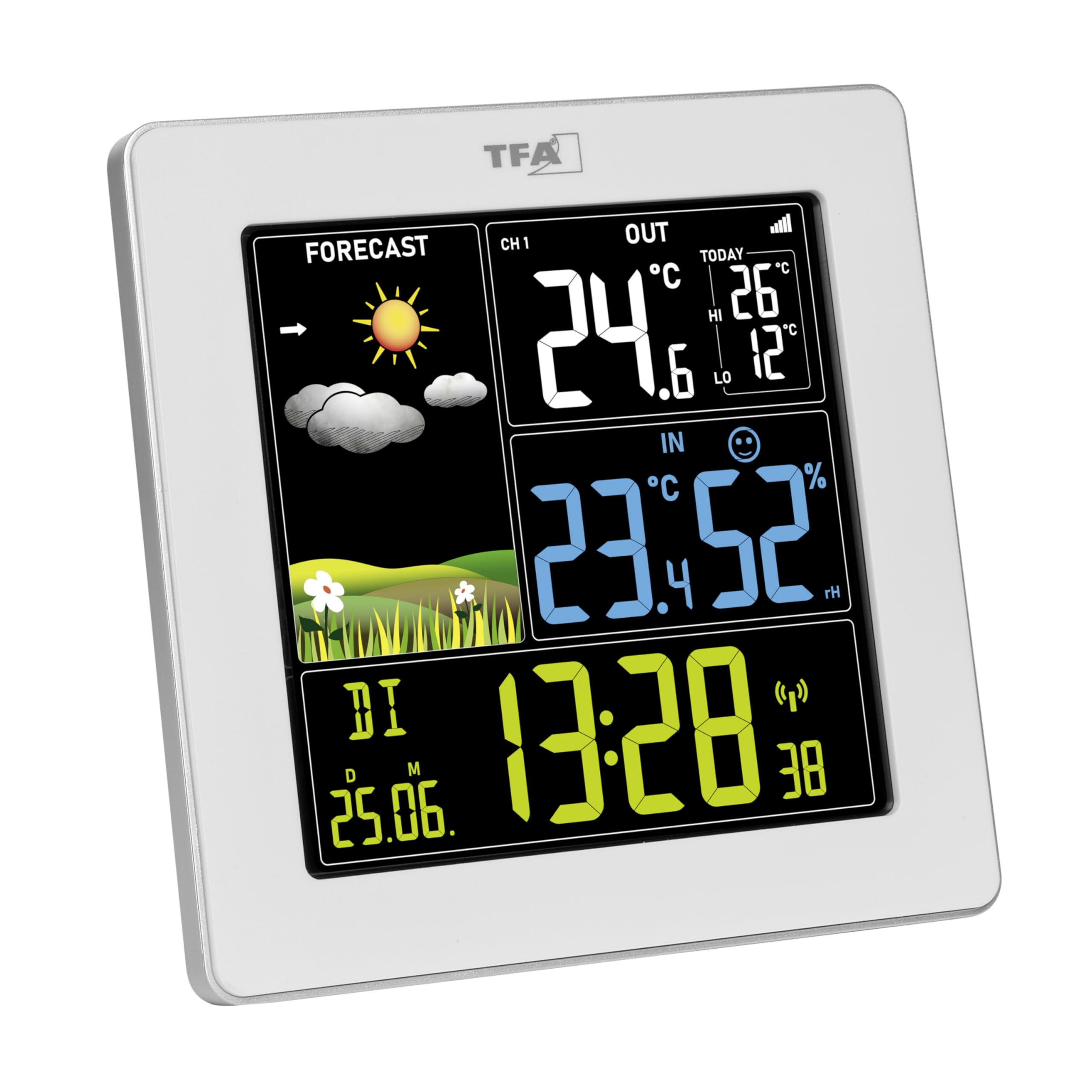 TFA Dostmann Stazione meteo digitale radio con sensore esterno SUN2, 35.1174, temperatura interna ed esterna, grande display a colori, con clima abitativo, orologio radio con data, igrometro, con