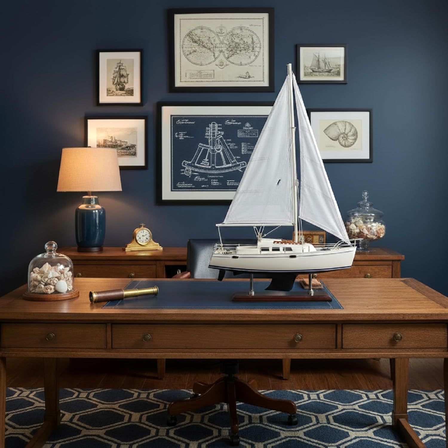 Wooden Catalina Yacht Model, 15x23 inch Sailboat Decor, Modern Luxurious Living Room Nautical Home Decoration Beach House Display